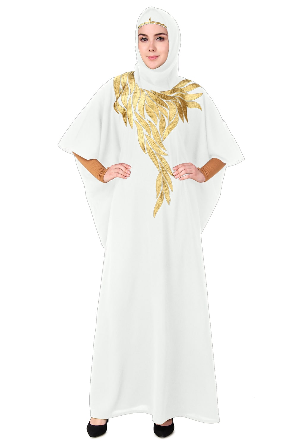Handmade Gold Embroidered Multi-Leaf Design Kaftan Dress - Elegant Boho Chic Loungewear for Women, Perfect for Beach Cover-ups, Resort Wear & Summer Evenings