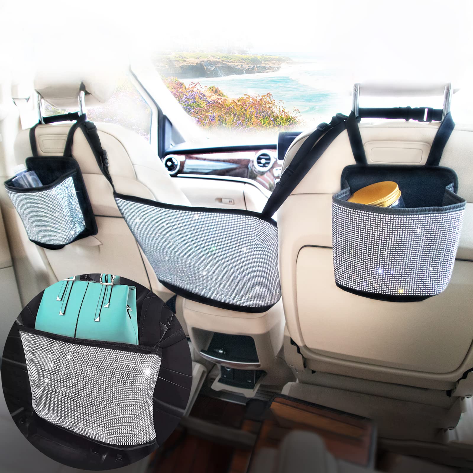 Seametal Bling Car Mesh Organizer Backseat - Rhinestone Car Seat Storage Bag & Purse Holder for Women | Perfect for Road Trips, Shopping & Daily Commute