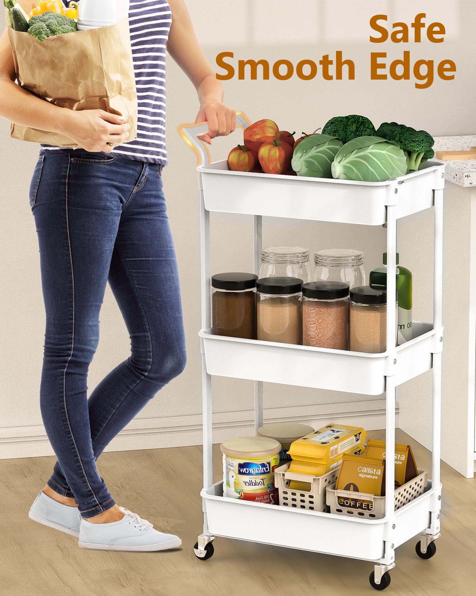 HBTower 3-Tier Rolling Storage Cart with Hanging Cups - Multi-Purpose Mobile Organizer for Kitchen, Bathroom, Office & Makeup - White | Perfect for Small Space Organization, Coffee Station Setup & Beauty Product Storage