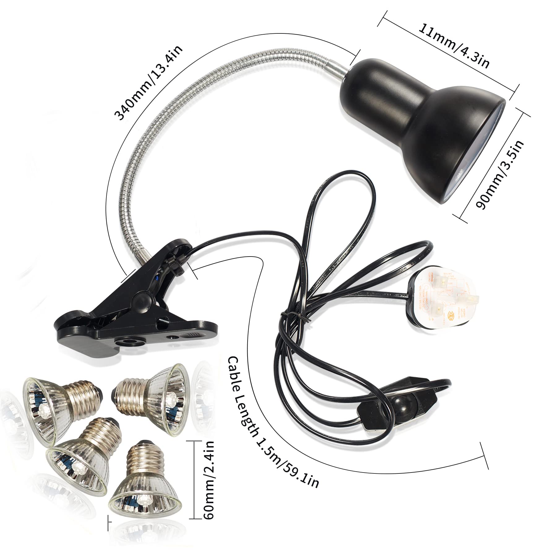 Reptile Heat Lamp with UVA UVB - Basking Spot Light for Turtles, Tortoises, Snakes & Lizards | 3 Heat Bulbs Included | Terrarium & Aquarium Heating Fixture with Switch Holder | Perfect for Day/Night Cycle & Habitat Temperature Control