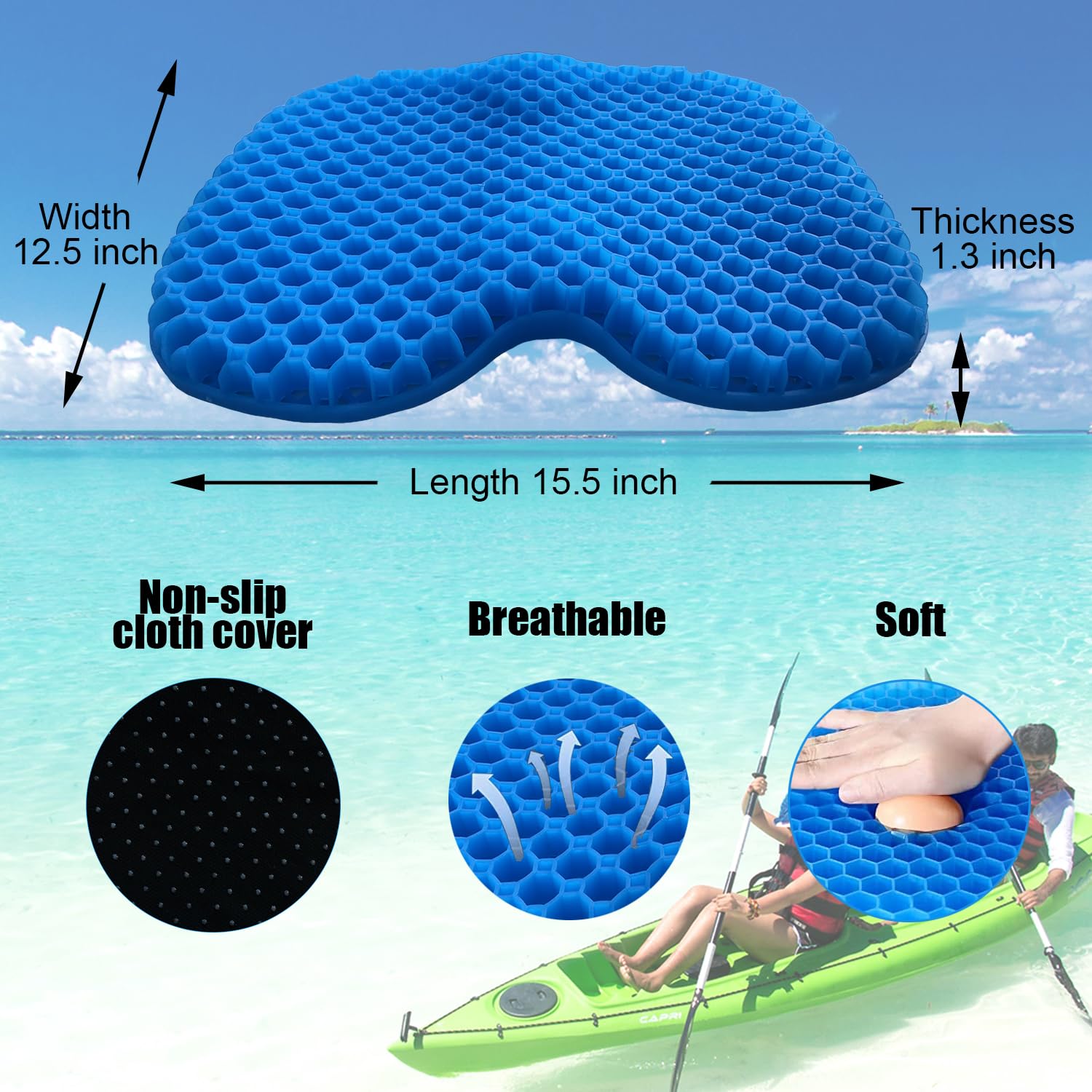 **Non-Slip Waterproof Gel Kayak Seat Cushion with Black Cover – Comfortable Boat Canoe Rowing Pad for Sit-In Kayak Chairs – Durable Kayak Accessories (Blue) – Perfect for Kayaking, Canoeing, and Outdoor Water Sports**