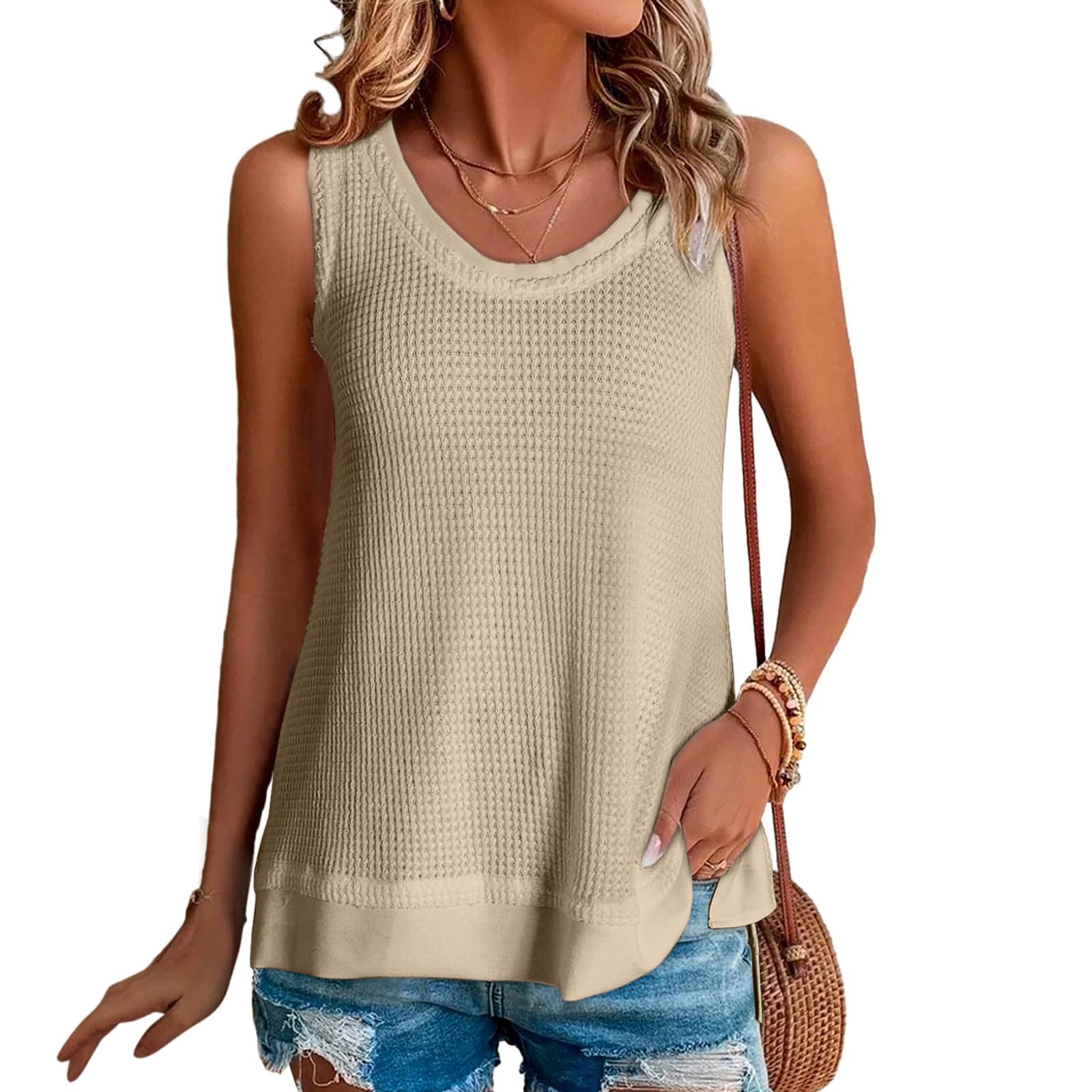 Women's Lastesso Tank Tops 2024 - Crewneck Sleeveless Relaxed Fit Shirts | Solid Color Waffle Knit Summer Beachwear | Perfect for Lounge, Vacation & Casual Outings