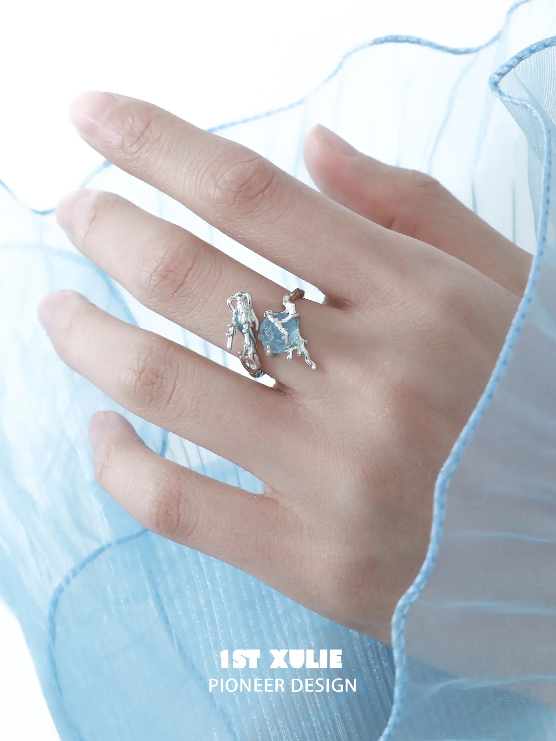 Loong Ling Loong Aquamarine S925 Sterling Silver Adjustable Open Ring for Women - Elegant Stackable Boho Jewelry Gift for Birthday, Anniversary & Everyday Wear