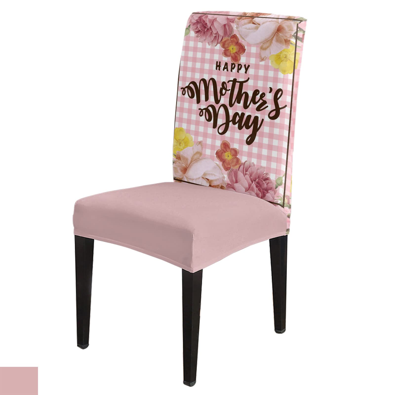 Happy Mother's Day Gift - 8 Pack Floral Pink Buffalo Check Stretch Dining Chair Covers | Washable Slipcovers for Kitchen, Restaurant & Party Decor | Perfect for Home, Wedding & Holiday Gatherings