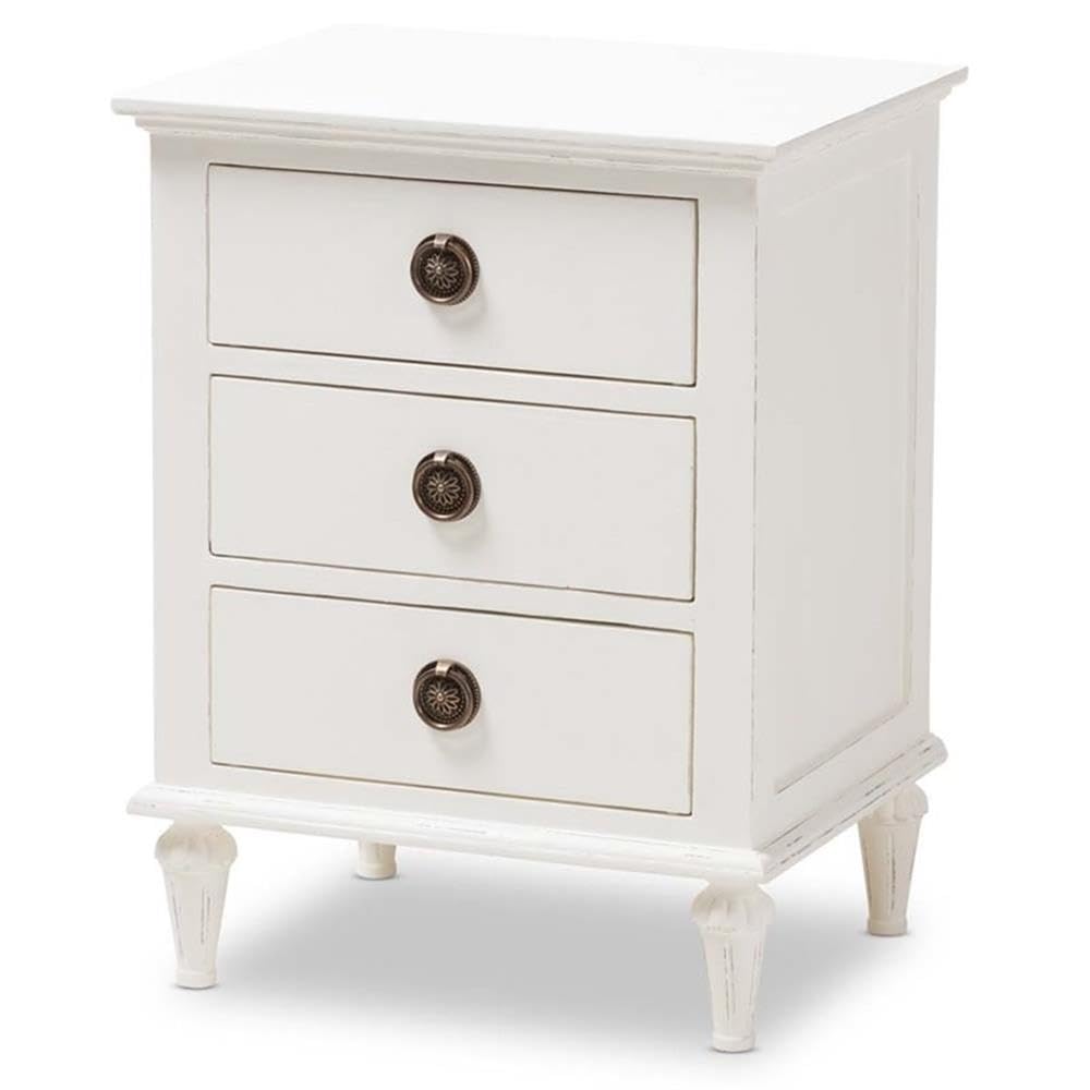 BOWERY HILL Whitewashed Hardwood 3-Drawer Nightstand - Provincial Style Bedside Table for Bedroom, Guest Room & Nursery Furniture