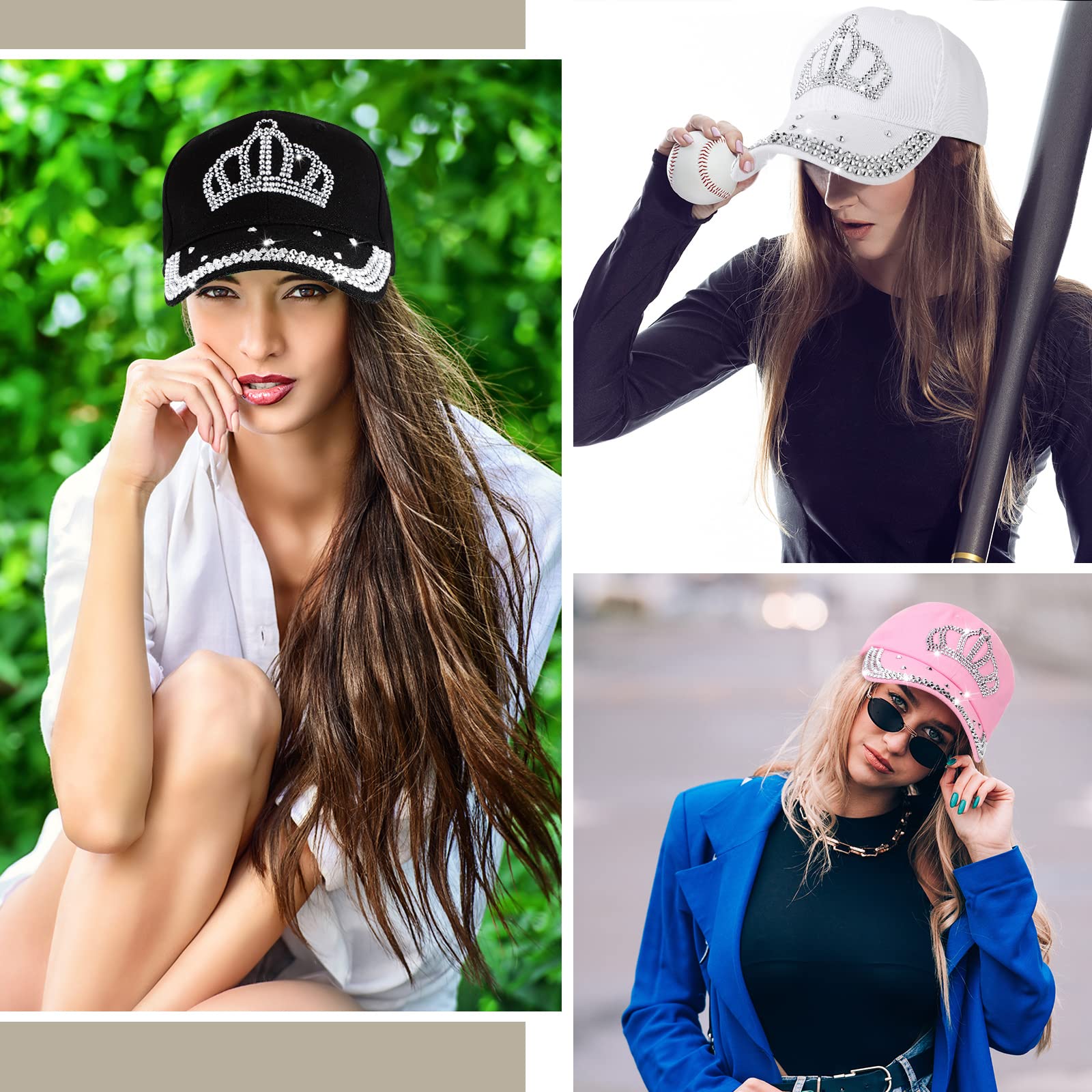 Jeyiour 3 Pack Rhinestone Baseball Caps for Women - Adjustable Bling Crown Hats with Jeweled Denim Design - Perfect for Golf, Cowboy Balls, Sun Protection & Costume Accessories | Stylish Cotton Hats for Everyday Wear