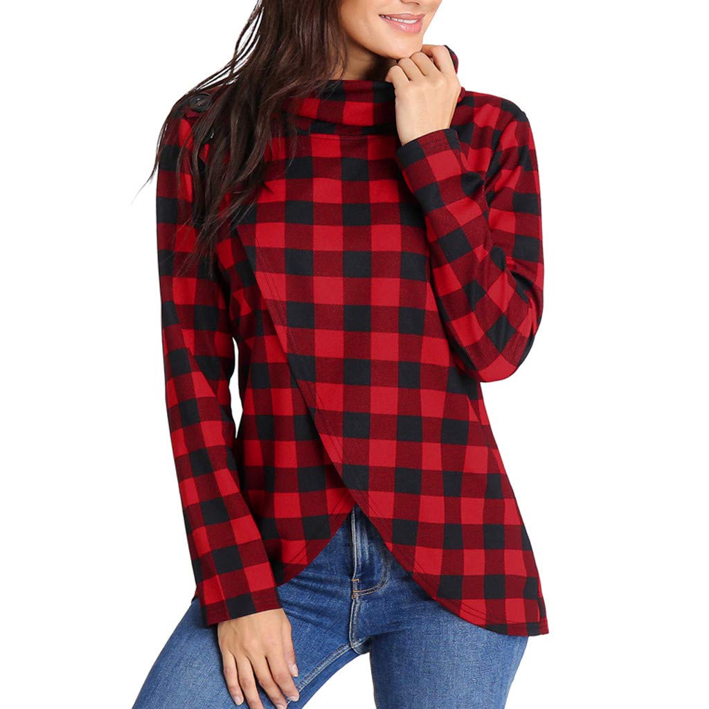 TWGONE Tartan Panel Long Sleeve Asymmetrical T-Shirt - Red Plaid Cowl Neck Wrap Style Sweatshirt Pullover Blouse for Women | Casual Fall Fashion, Layering Essential & Streetwear Outfit