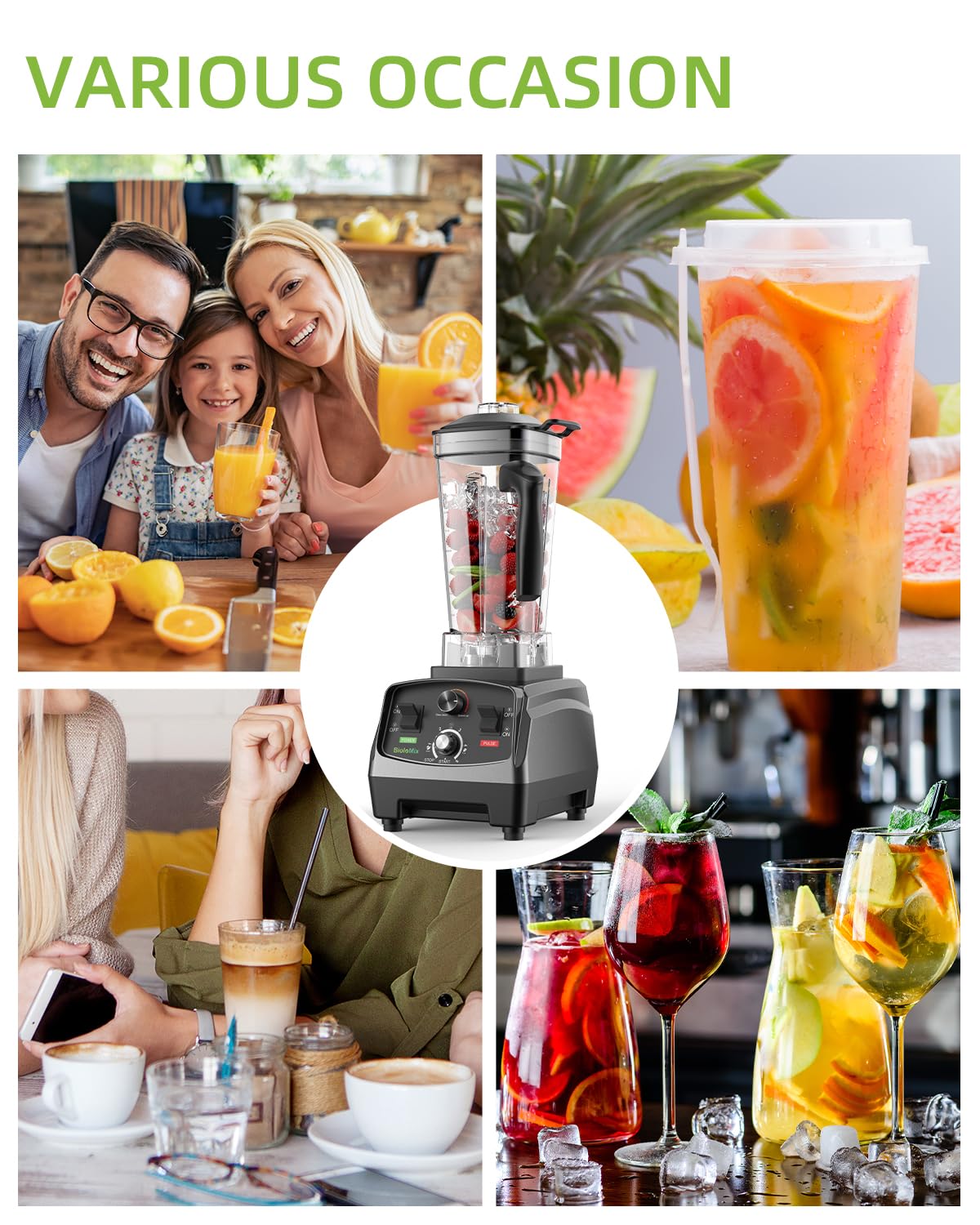 BioloMix 2200W High-Power Countertop Blender - Professional Kitchen Blender for Smoothies, Ice Crushing & Soup Making - Commercial & Home Use with Timer - Perfect for Frozen Fruits, Juices & Meal Prep