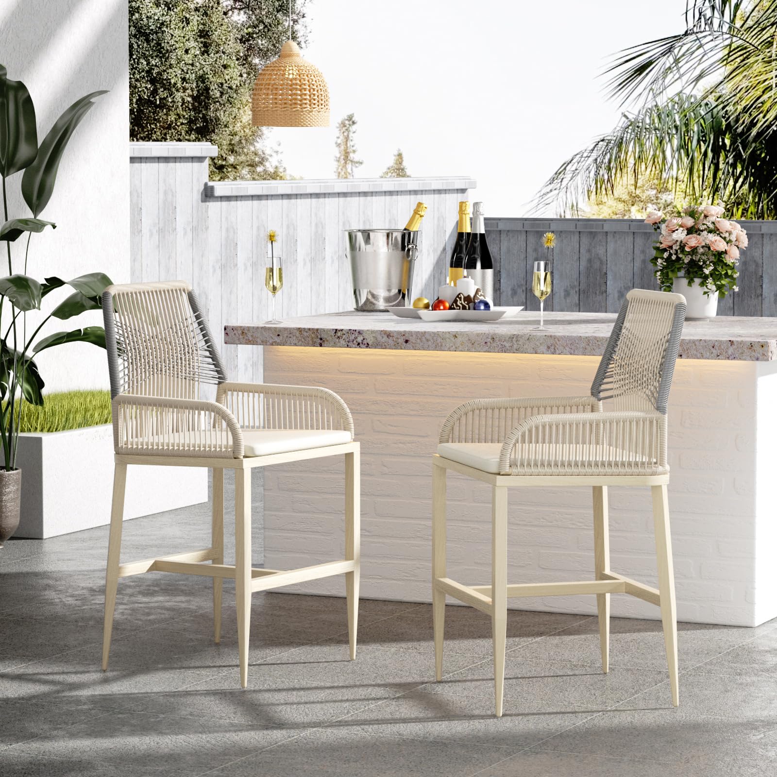Modern Rattan Wicker Bar Stools Set of 2 - Counter Height Barstools with Backrest & Cushion, Grey - Perfect for Kitchen Island, Patio, Balcony, Poolside & Outdoor Dining Areas