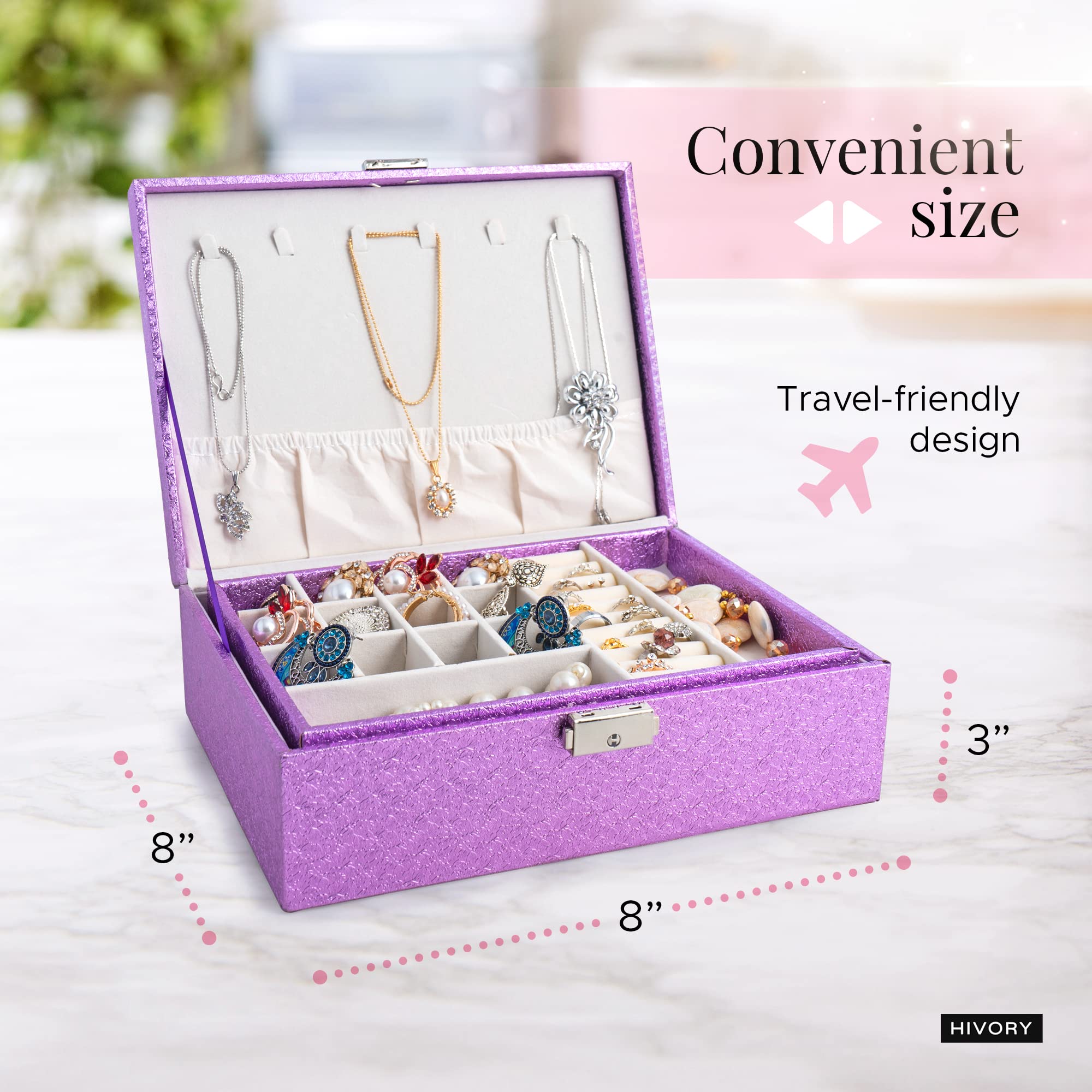 Hivory Jewelry Organizer Box for Women & Girls - Double Layer Stackable Jewelry Storage with Trays for Rings, Earrings, Bracelets, Necklaces & Studs - Perfect for Bedroom, Travel & Gift (Purple)