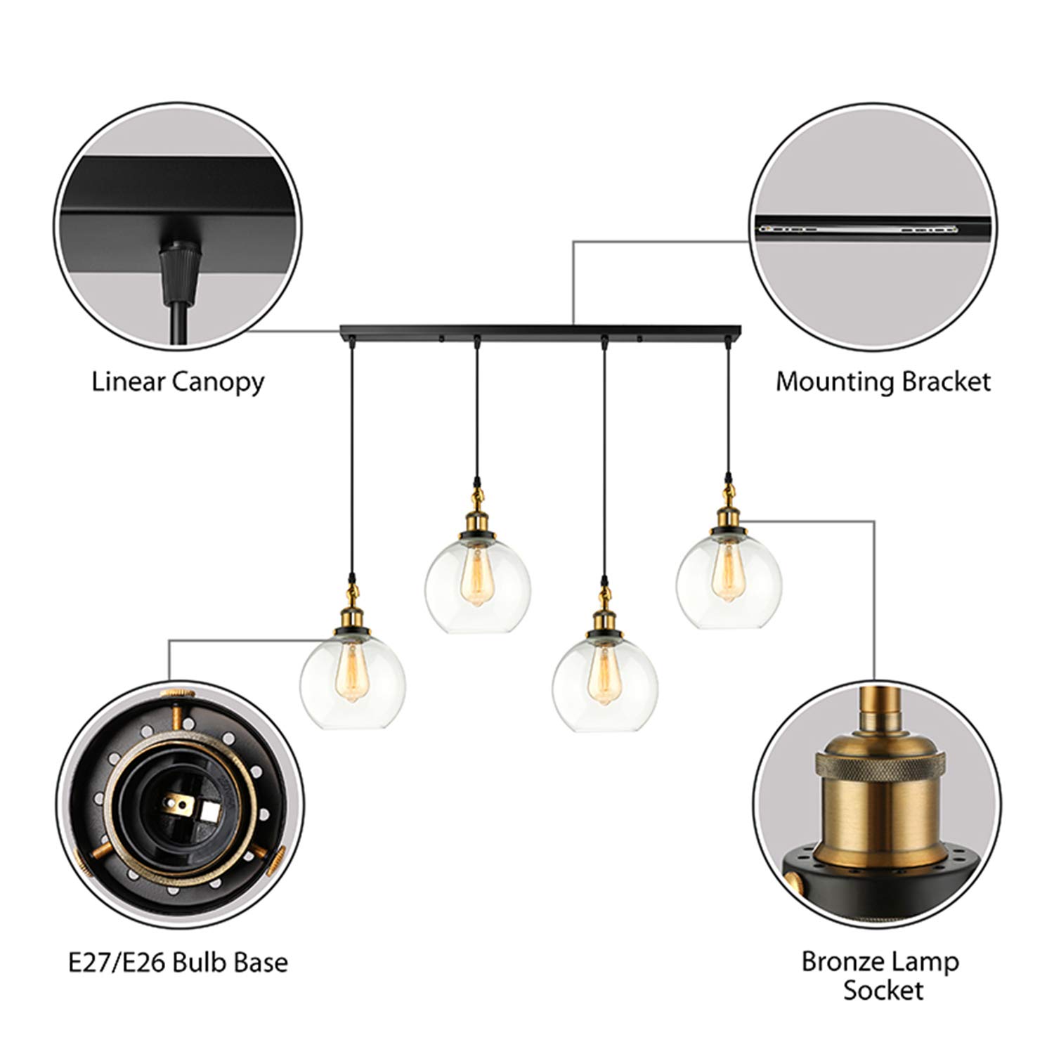 XINDAR 4-Light Industrial Linear Chandelier - Clear Glass Hanging Pendant Lighting for Kitchen Island with Antique Brass & Black Finish - Perfect for Modern Farmhouse, Industrial & Contemporary Dining Rooms