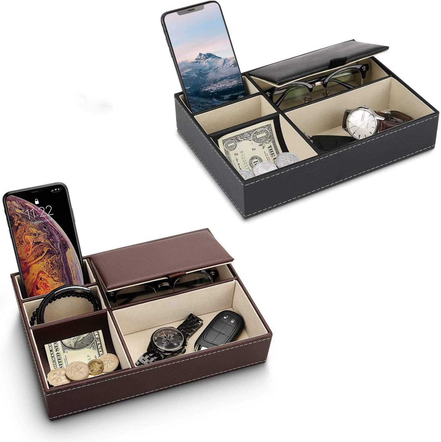 Premium Leather Valet Tray Organizer - 5 Compartment Dresser Top Box for Jewelry, Watches & EDC Essentials - Perfect Nightstand Organizer for Men & Women - Ideal for Bedroom, Bathroom & Travel Use