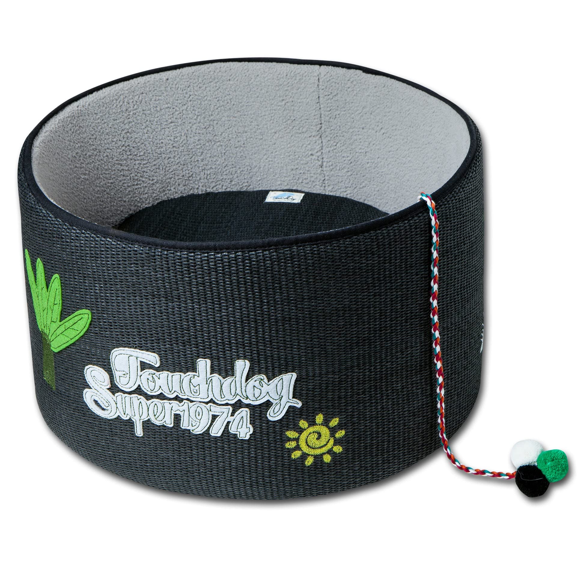 Touchcat 'Clawver Nest' Round Cat Bed with Reversible Cushion & Built-in Hanging Toy - Cozy Pet Furniture with Scratching Carpet Exterior - Perfect for Indoor Lounging, Playtime & Cat Nap Spaces