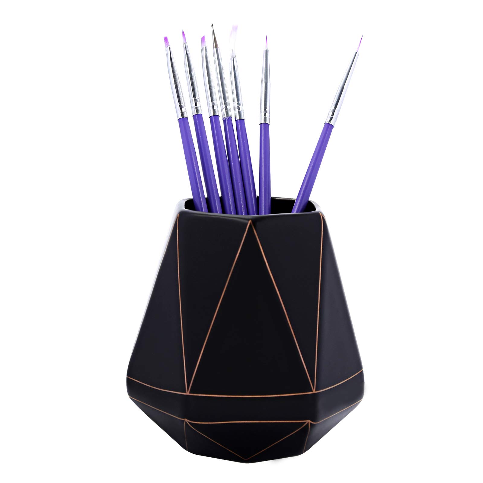 Ceramic Pen Holder for Desk - Stylish Polyhedron Golden Stripe Makeup Brush & Pencil Cup Organizer for Office, Home & School - Perfect Gift for Women & Kids (Black) - Ideal for Desk Organization, Makeup Storage & School Supplies