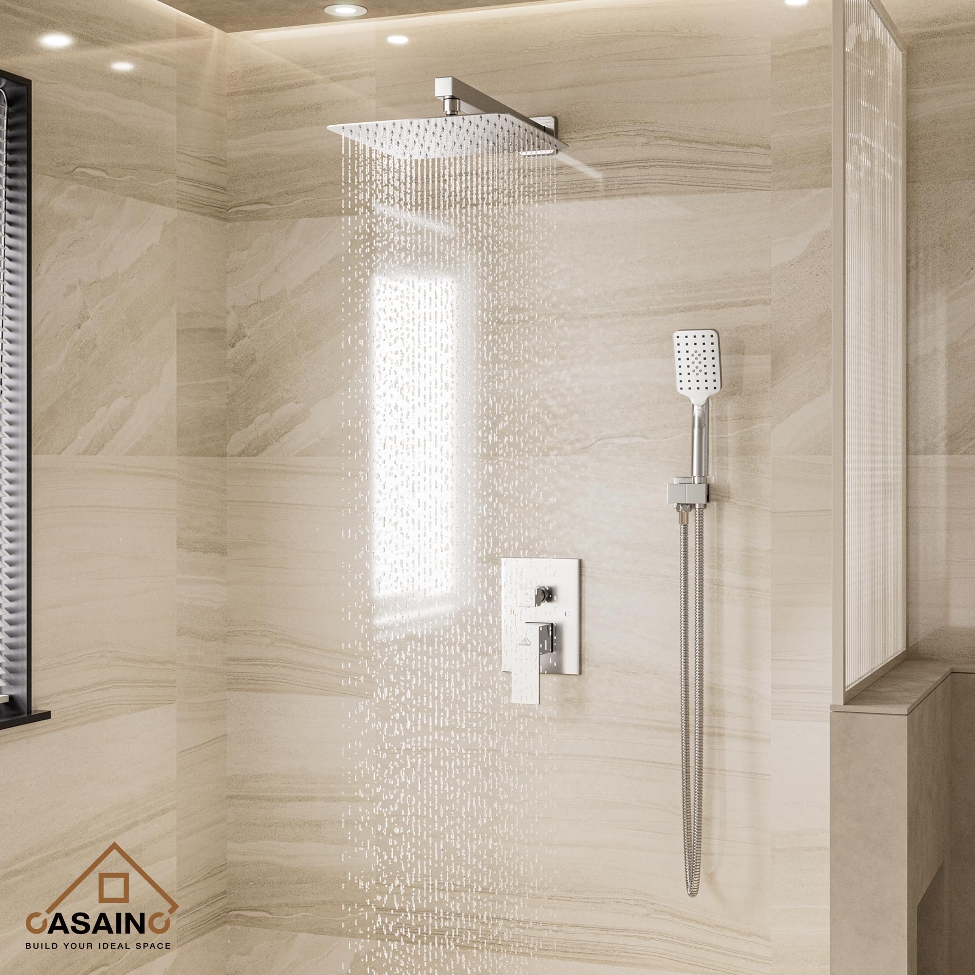 CASAINC 10 Inch High Pressure Brushed Nickel Shower System - Wall Mounted Square Rainfall Shower Head with Handheld Spray & Anti-Scald Valve for Luxurious Bathroom Upgrade | Perfect for Modern Homes, Spa-Like Experience, Water Saving & Easy Installation