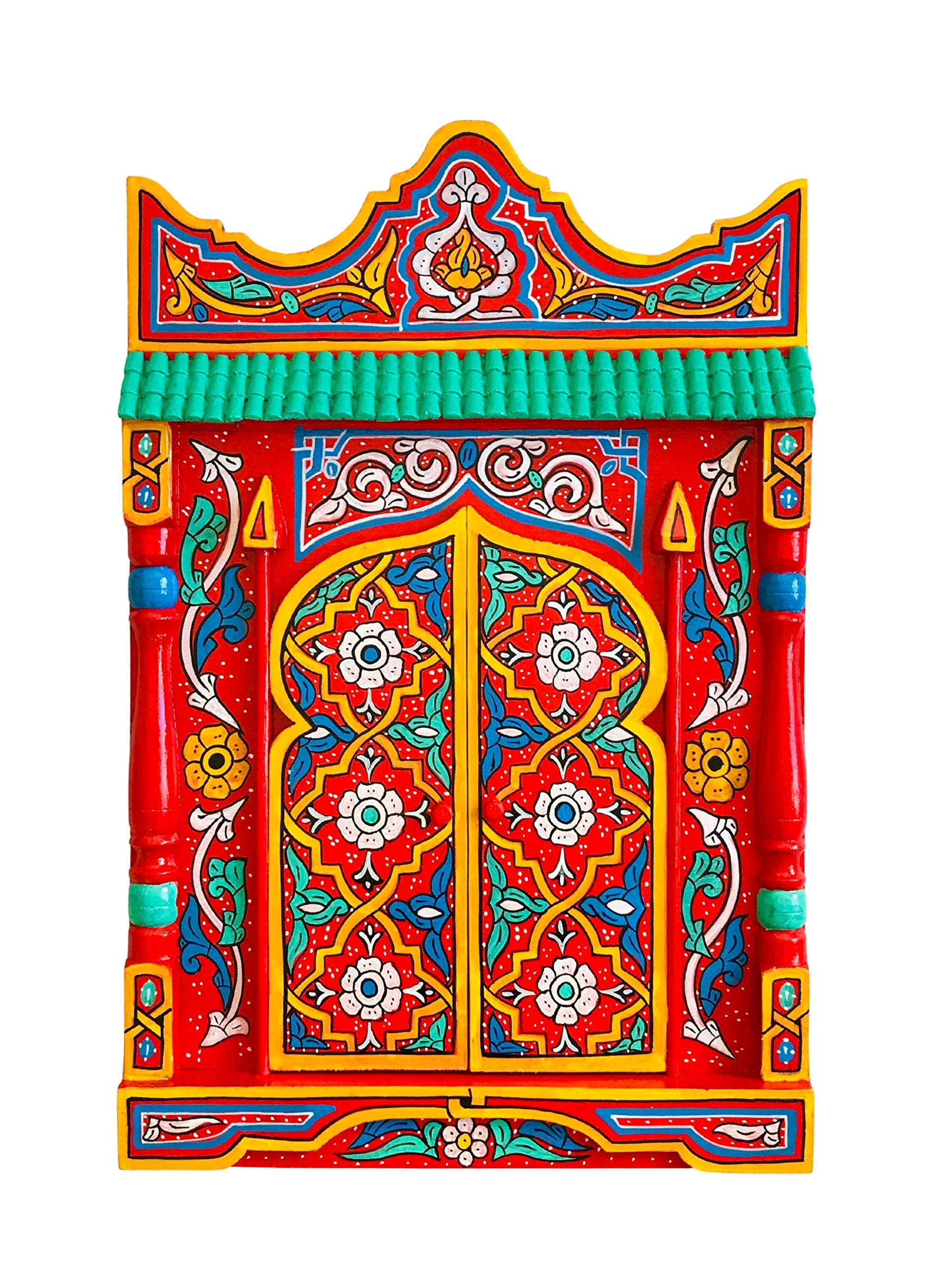 Hand-Painted Moroccan Red Rustic Wooden Shelf & Hanging Mirror Wall Art - Farmhouse Decor for Living Room, Bedroom & Entryway