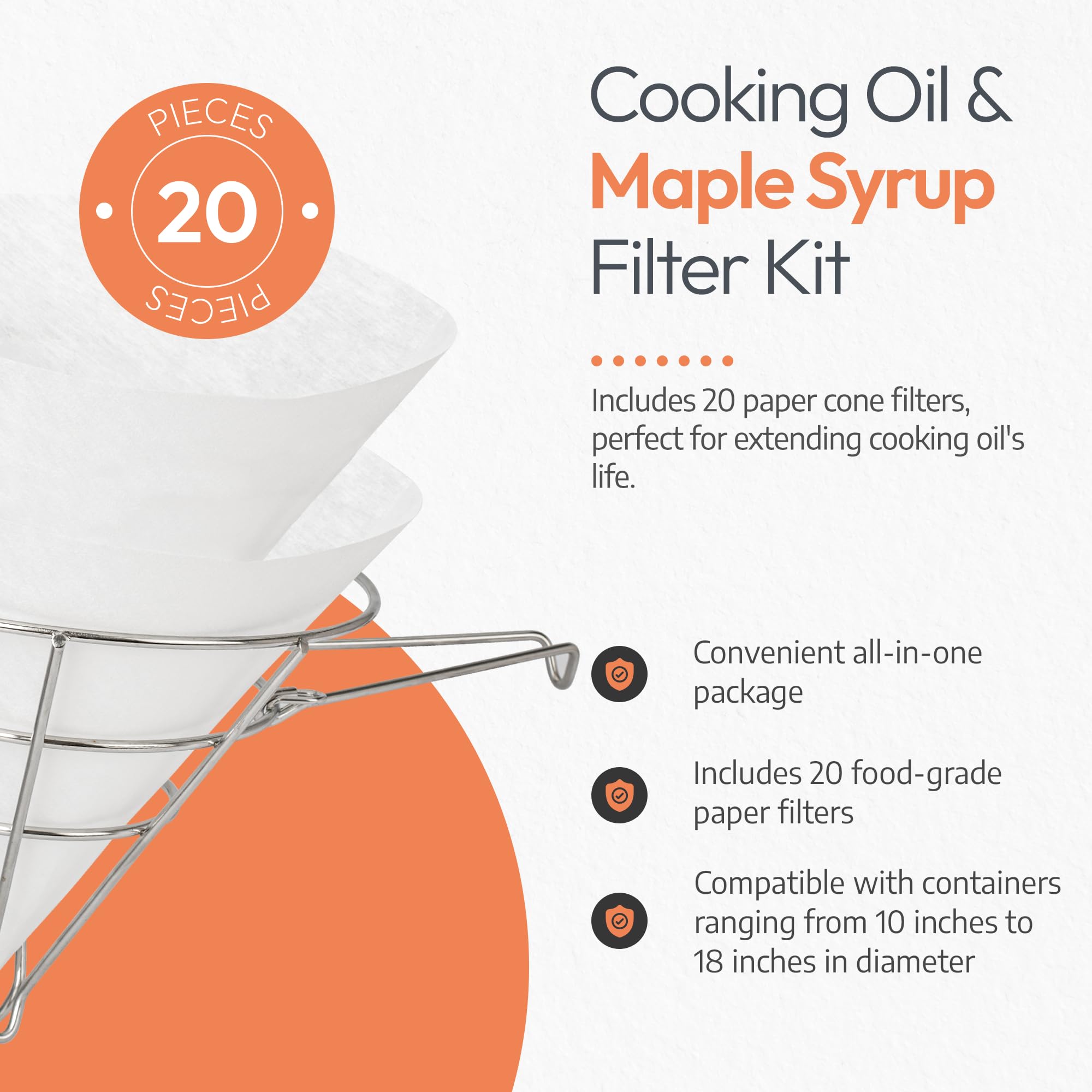 Premium Stainless Steel Maple Syrup & Cooking Oil Filter Cone Holder Kit with 20 Paper Filters (10