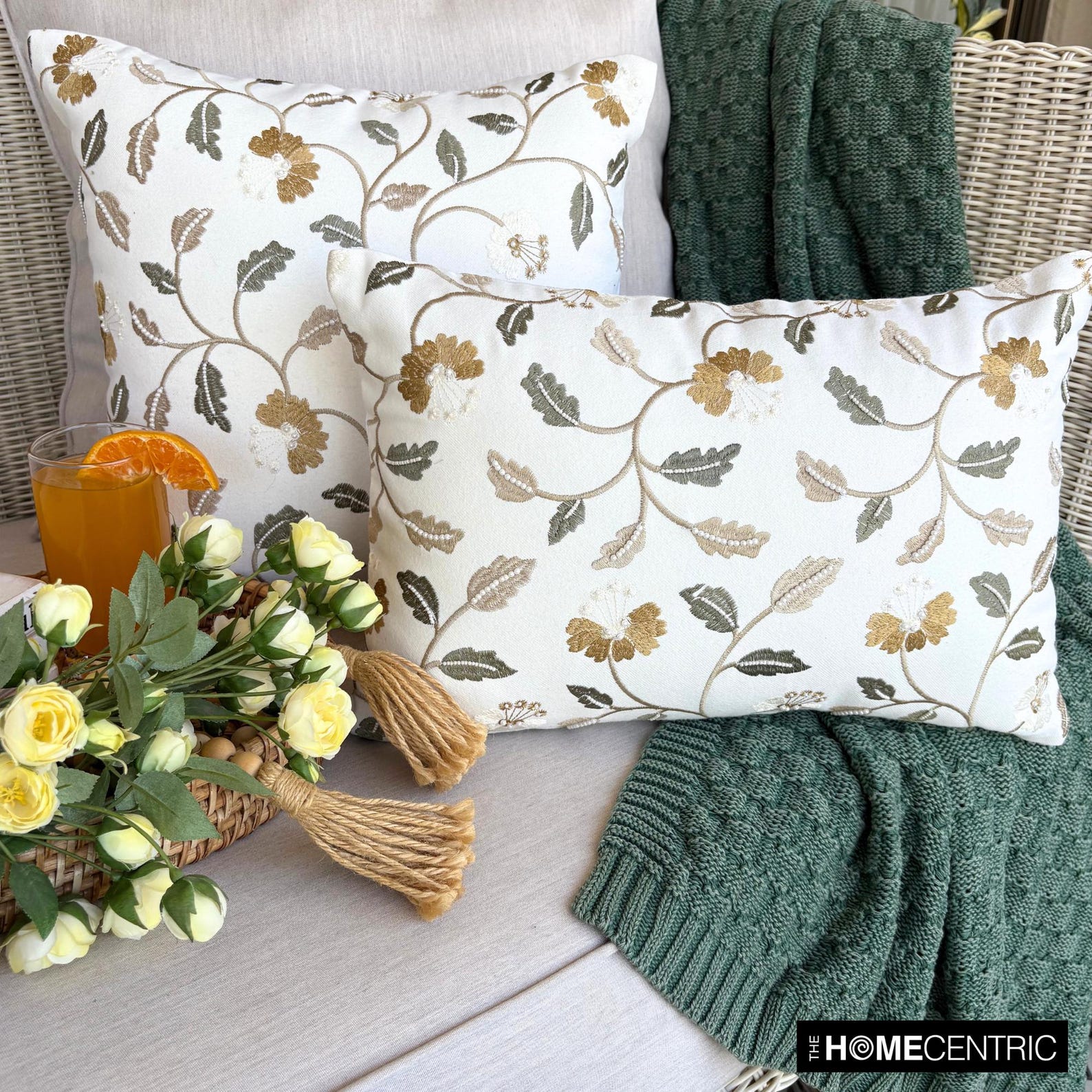 Amber Bloom White Cotton Throw Pillow Cover - Soft Decorative Cushion Case for Sofa, Bed & Home Decor
