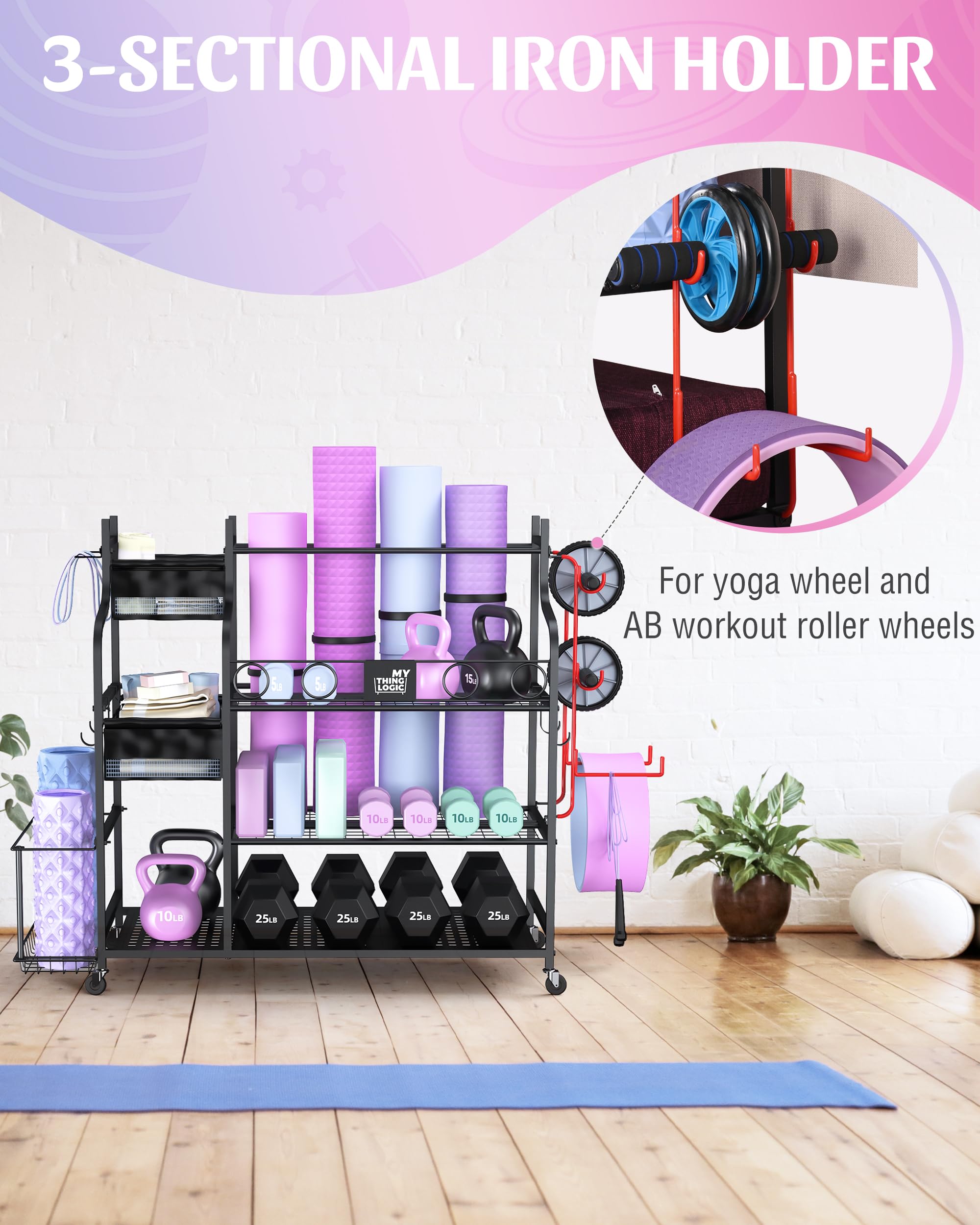 Mythinglogic Heavy Duty Dumbbell Rack with Wheels - Adjustable Home Gym Storage for Dumbbells, Kettlebells, Yoga Mats & Strength Training Equipment - Space-Saving Fitness Organizer with Hanging Hooks - Perfect for Garage Gym, Home Workout & Yoga Studio Storage