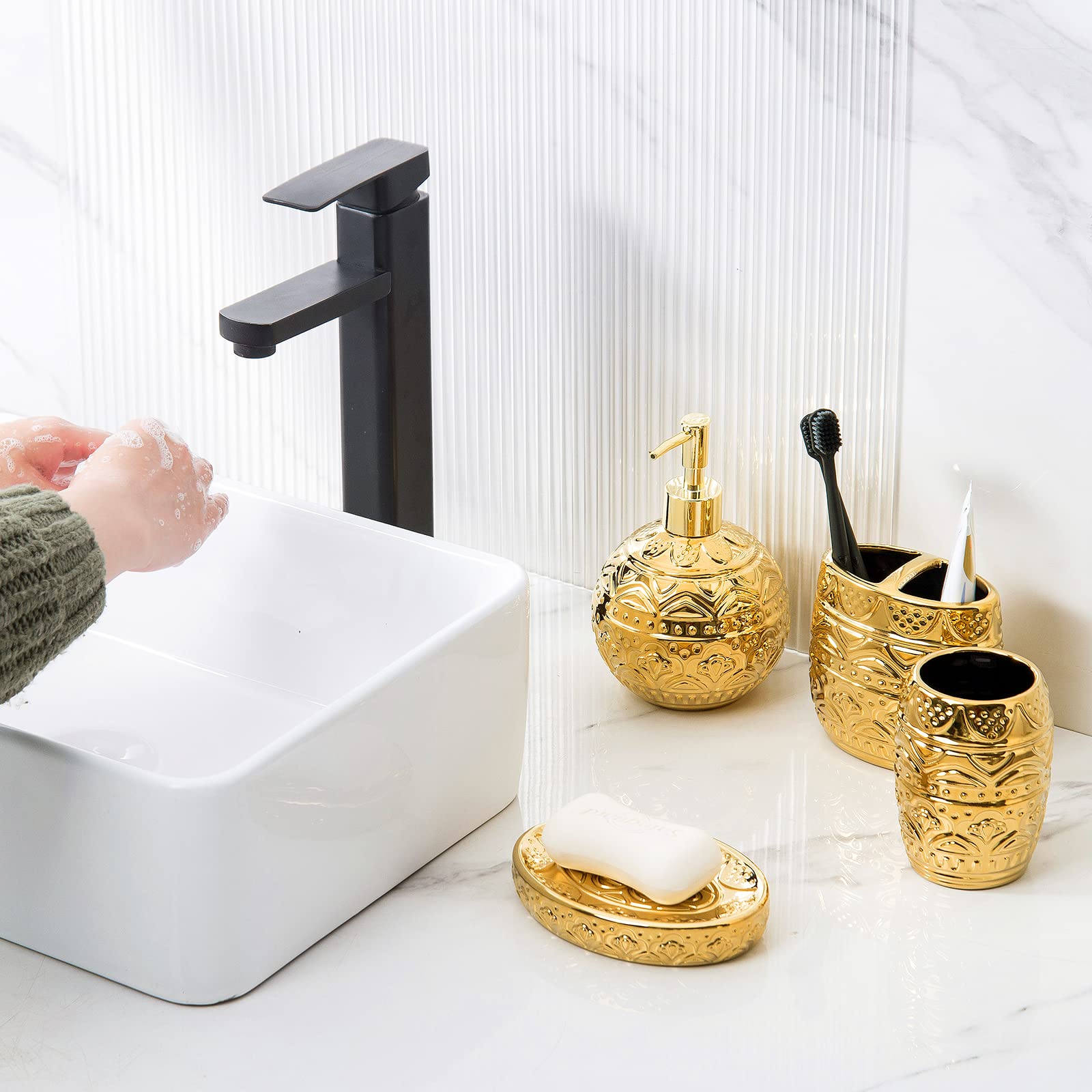 Luxury 5-Piece Gold Ceramic Bathroom Accessory Set - Soap Dish, Toothbrush Holder, Lotion Dispenser & Tumbler - Elegant Vanity Decor for Modern Bathrooms, Spa & Guest Rooms