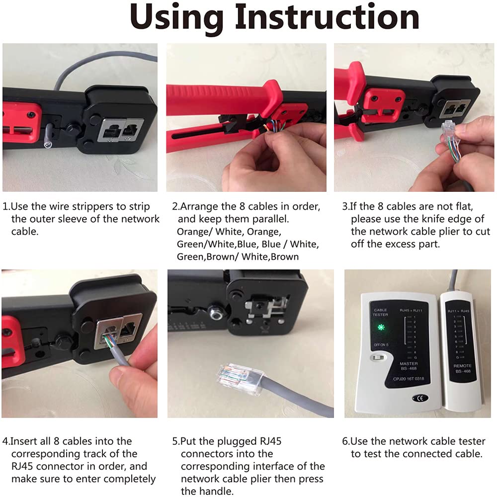 LEATBUY RJ45 Crimper Tool Kit - CAT5/CAT6 Ethernet Cable Crimping Tool with 50PCS Pass Through Connectors & Covers, Wire Stripper, Punch Down Tool for Network Installation - Perfect for Home Office, Server Room, and IT Professionals (Red)