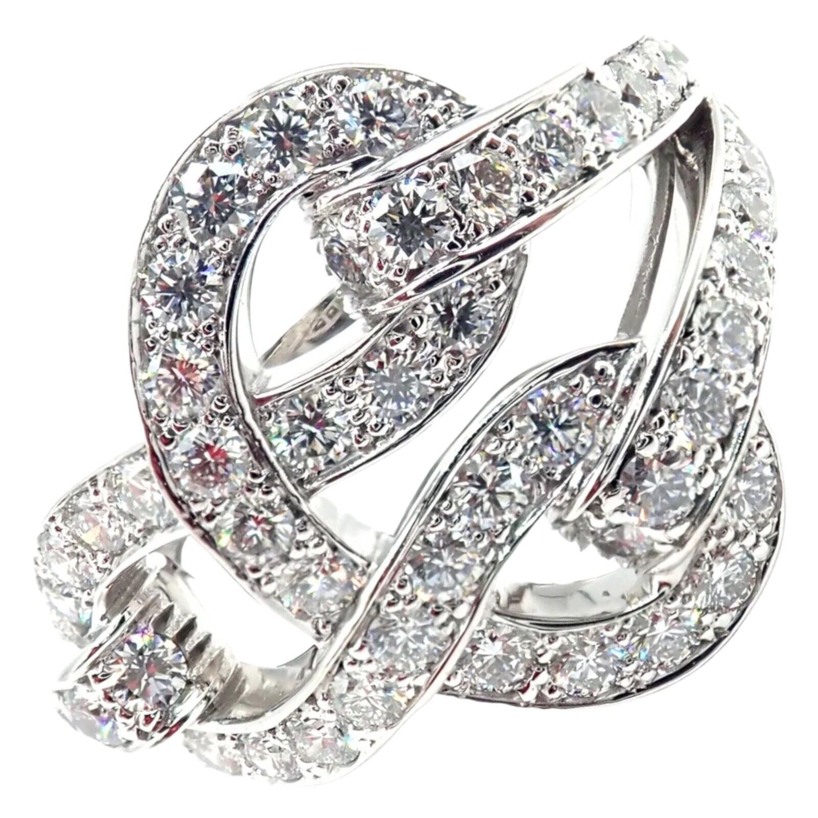 Authentic Cartier Agrafe 18k White Gold Diamond Band Ring for Women - Luxury Wedding Engagement Jewelry Gift for Her