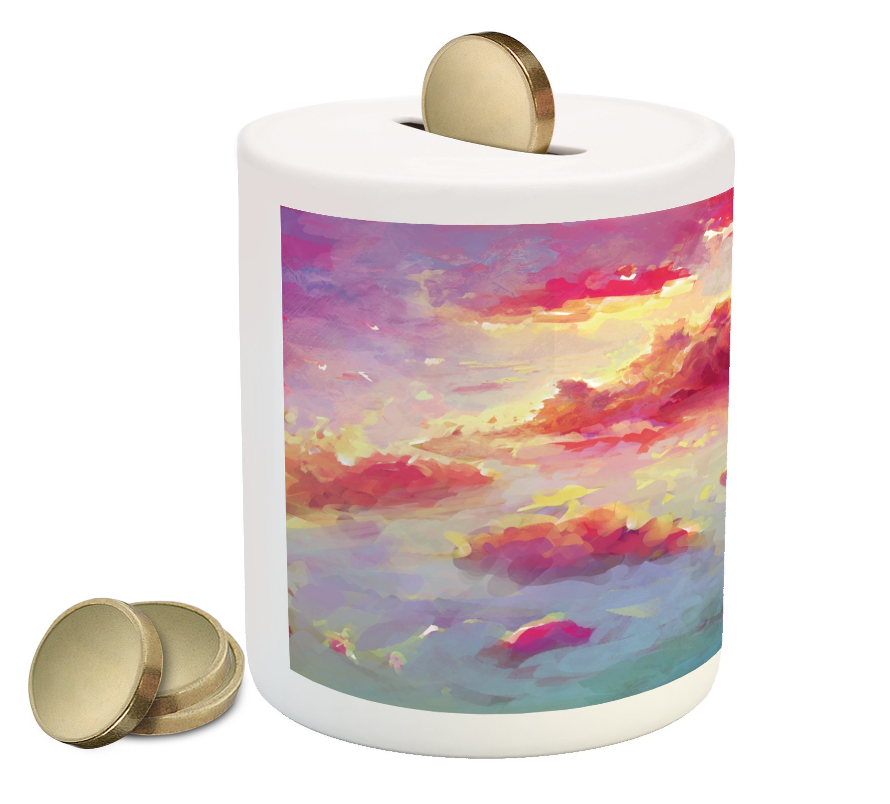 Ambesonne Coral Piggy Bank - Vibrant Sunset Clouds Fantasy Design, Printed Ceramic Coin Bank for Cash Saving (Coral Purple & Pale Blue) - Perfect Gift for Kids Birthday, Home Decor & Money Management