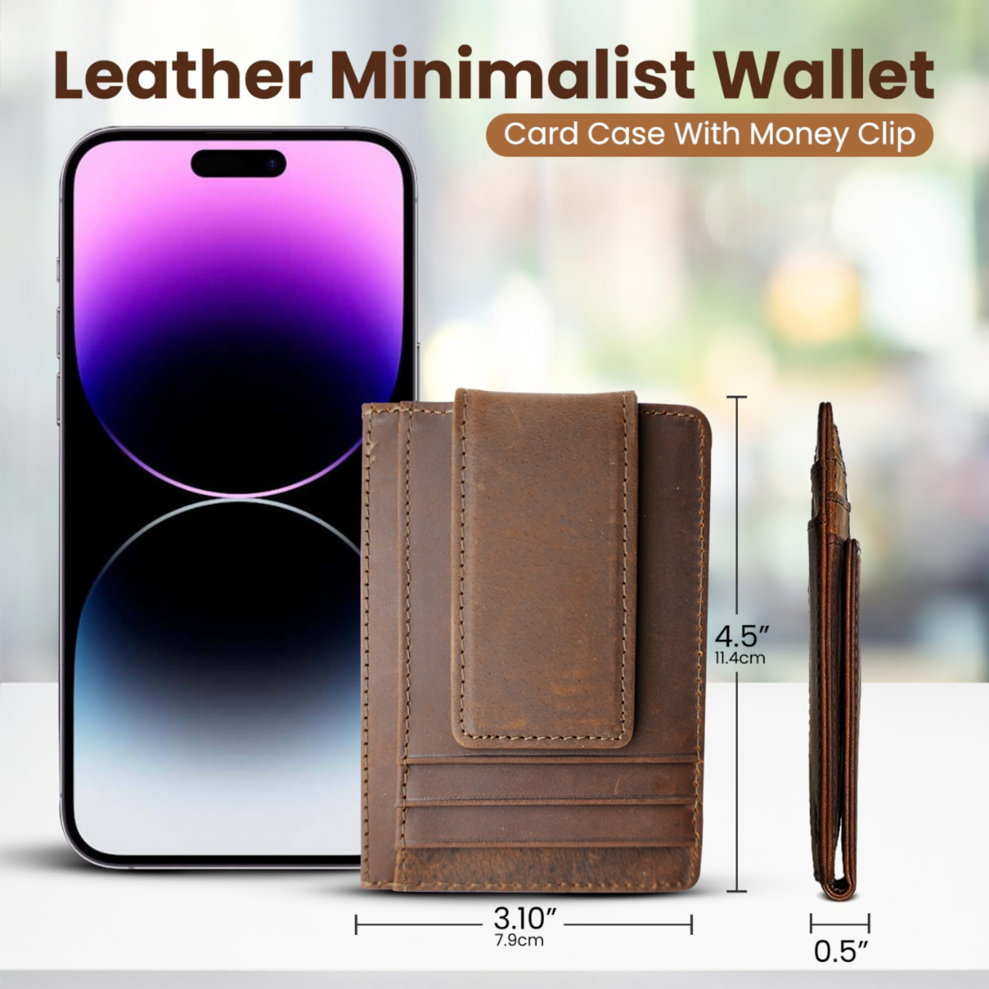 Personalized Leather Magnetic Money Clip Wallet for Men - RFID Blocking Credit Card Holder with ID Window & Strong Magnetic Clip - Laser Engraved Minimalist Wallet (Dark Brown) - Perfect Gift for Business Travel & Everyday Carry