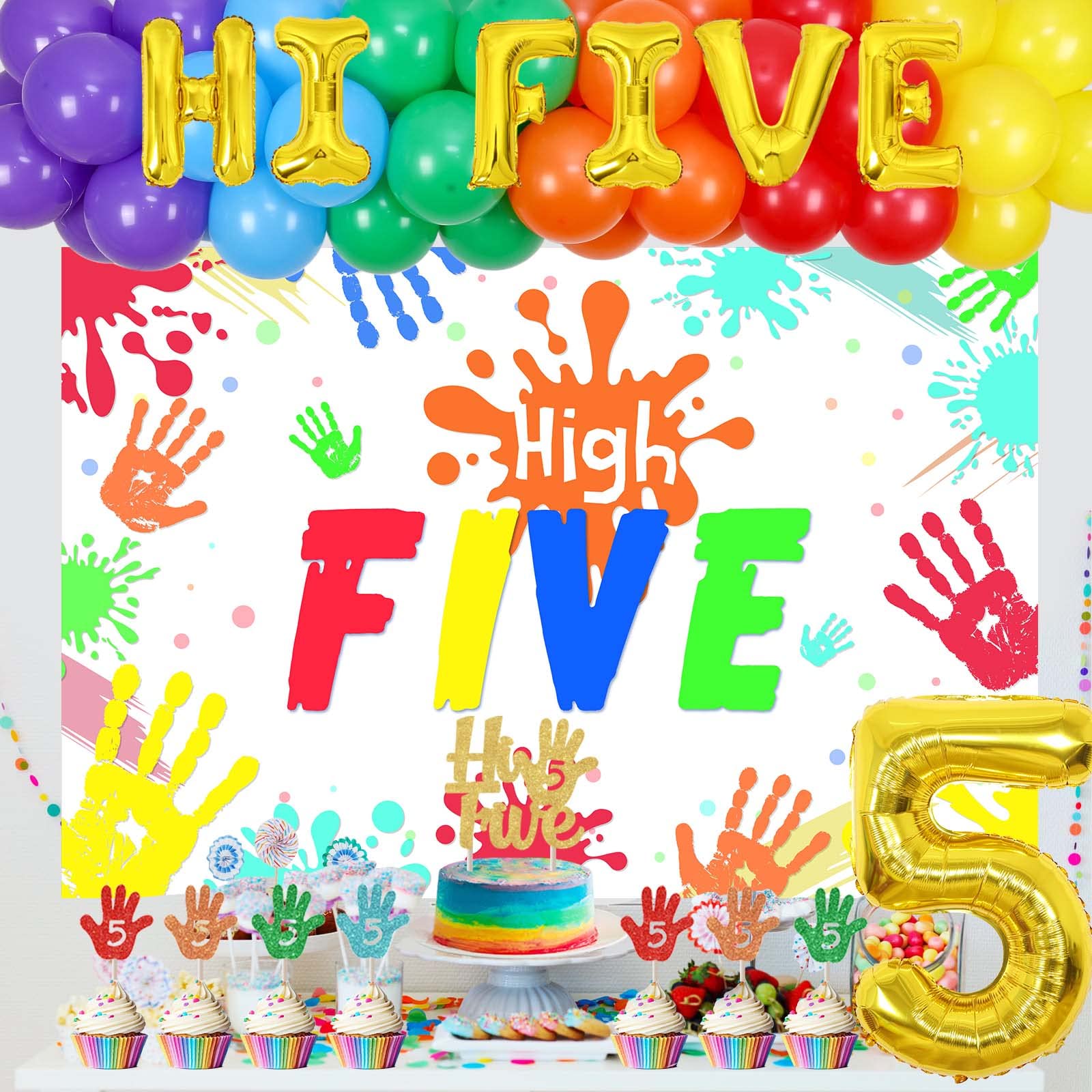 5th Birthday Party Decorations Set - Rainbow Balloons, High Five Backdrop, Number 5 Foil Cake Toppers for Boys & Girls | Perfect for 5-Year-Old Birthday Celebrations, Cake Smash Photos & Handprint Keepsakes