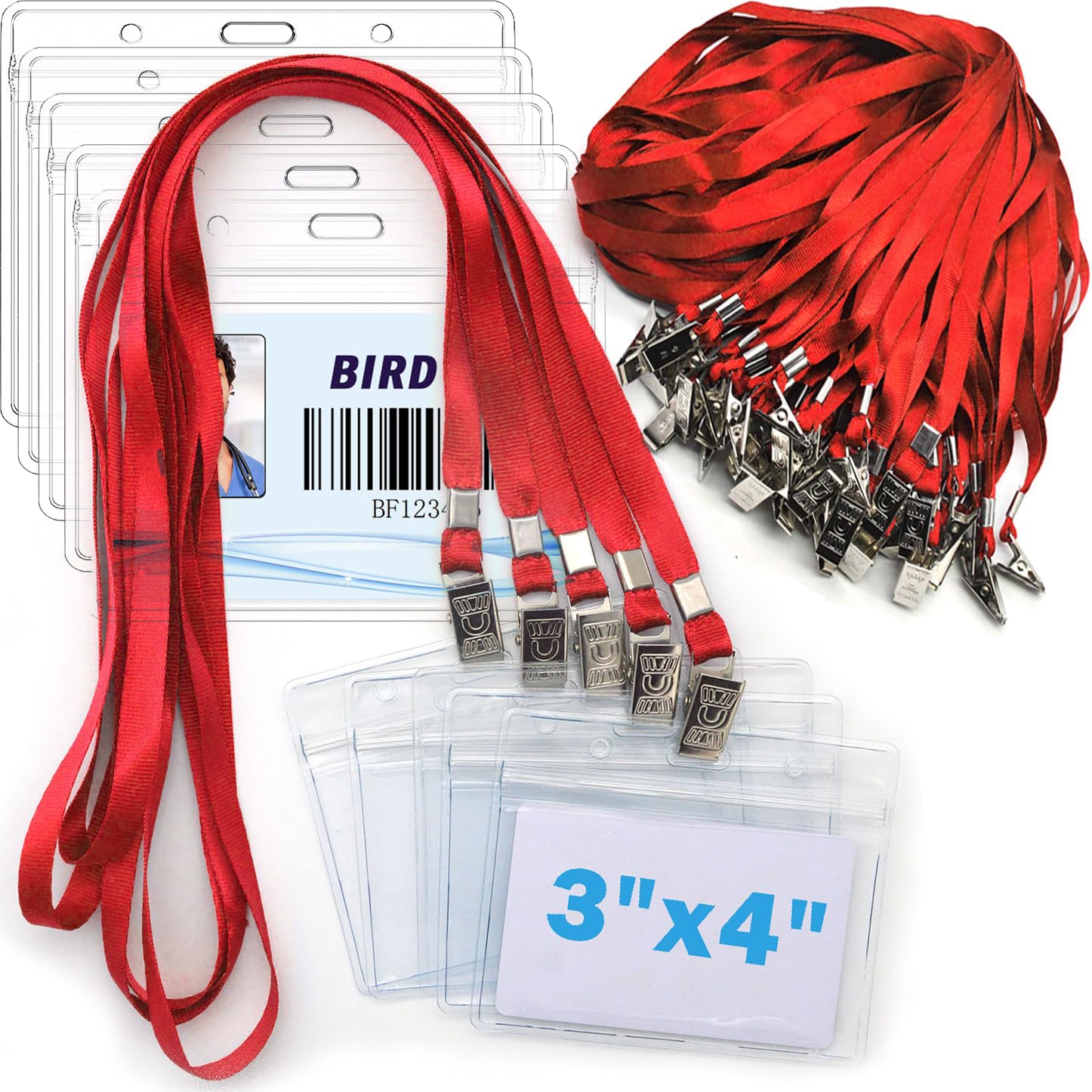 4x3 Inch Waterproof ID Badge Holder with Lanyard - 50 Pack for Conferences & Events