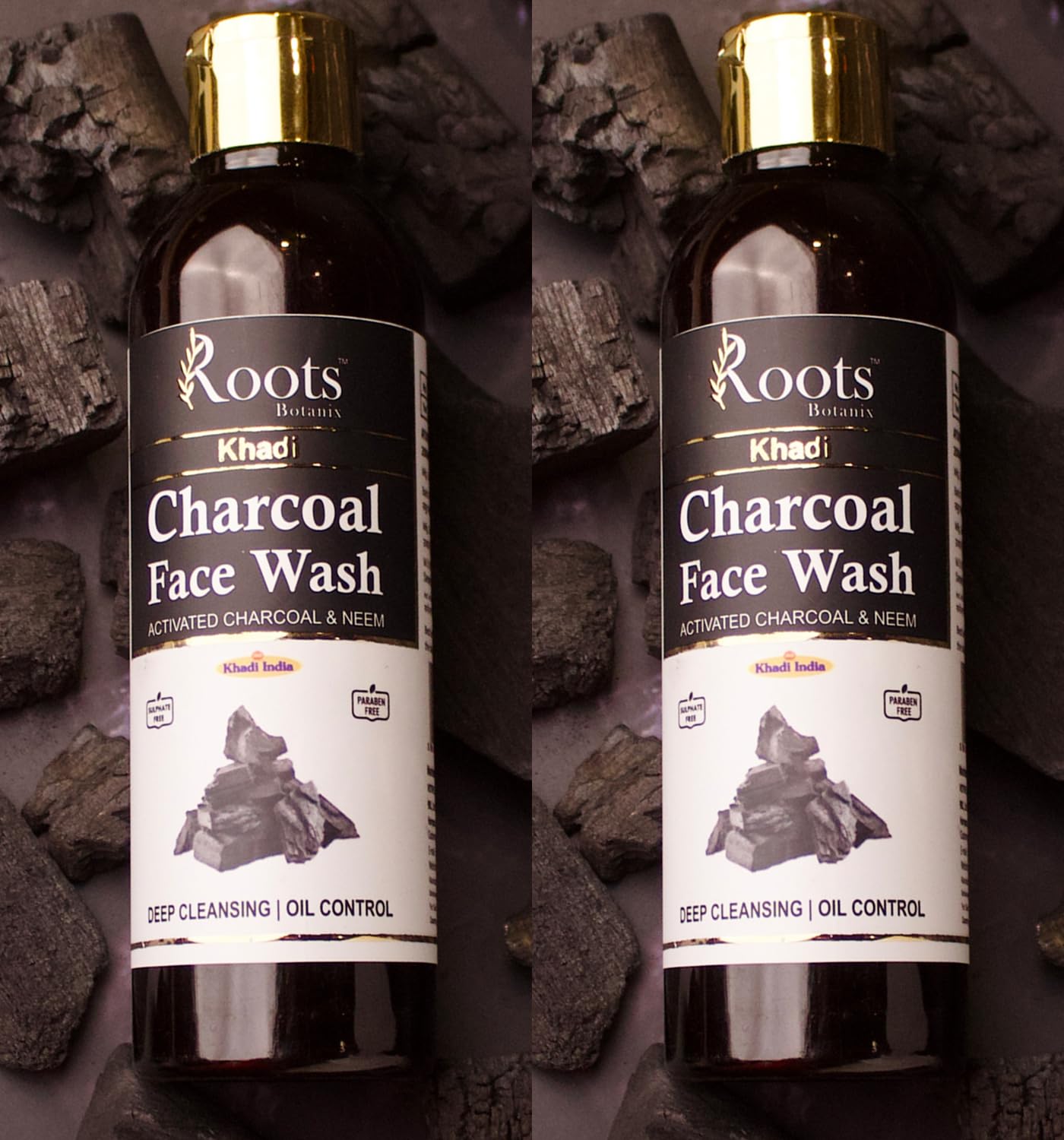 Roots Botanix Neem & Charcoal Face Wash for Glowing Skin - 200ml (Pack of 2) | Detan Cleanser, Brightening Gel, Anti-Pollution & Pimple Control | Perfect for Daily Skincare Routine & Travel