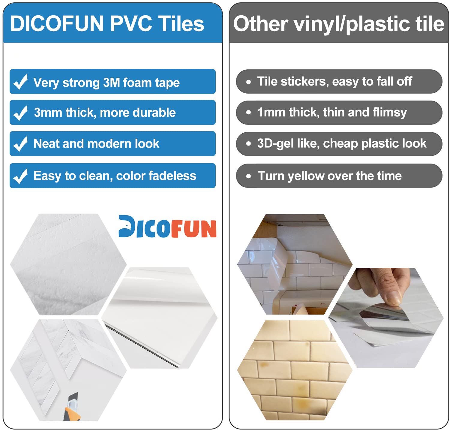 DICOFUN 10 Sheets Herringbone Peel and Stick Backsplash - White Marble Look PVC Self-Adhesive Wall Tile for Kitchen, Bathroom, Laundry Room | Easy DIY Home Renovation & Waterproof Backsplash Solution