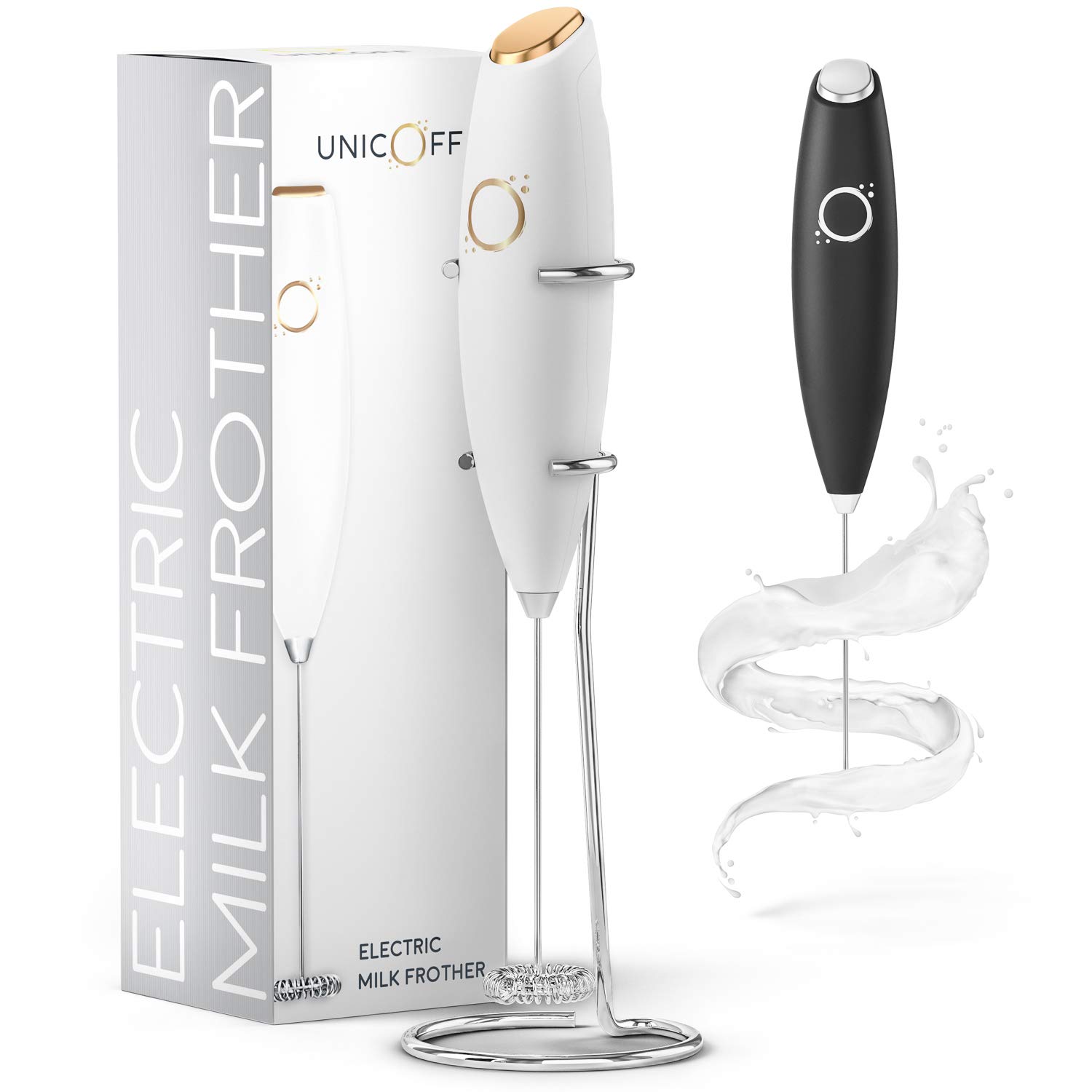 Premium Electric Milk Frother - 19000 RPM Handheld Whisk for Coffee, Latte & Cappuccino - Includes Recipe Book & Stainless Steel Stand - Perfect for Home Baristas & Coffee Lovers (White & Gold)
