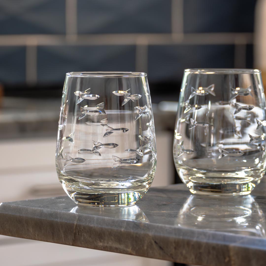 School of Fish 15oz Clear Stemless Wine Tumbler Glasses - Set of 2 | Perfect for Parties, Picnics & Home Entertaining
