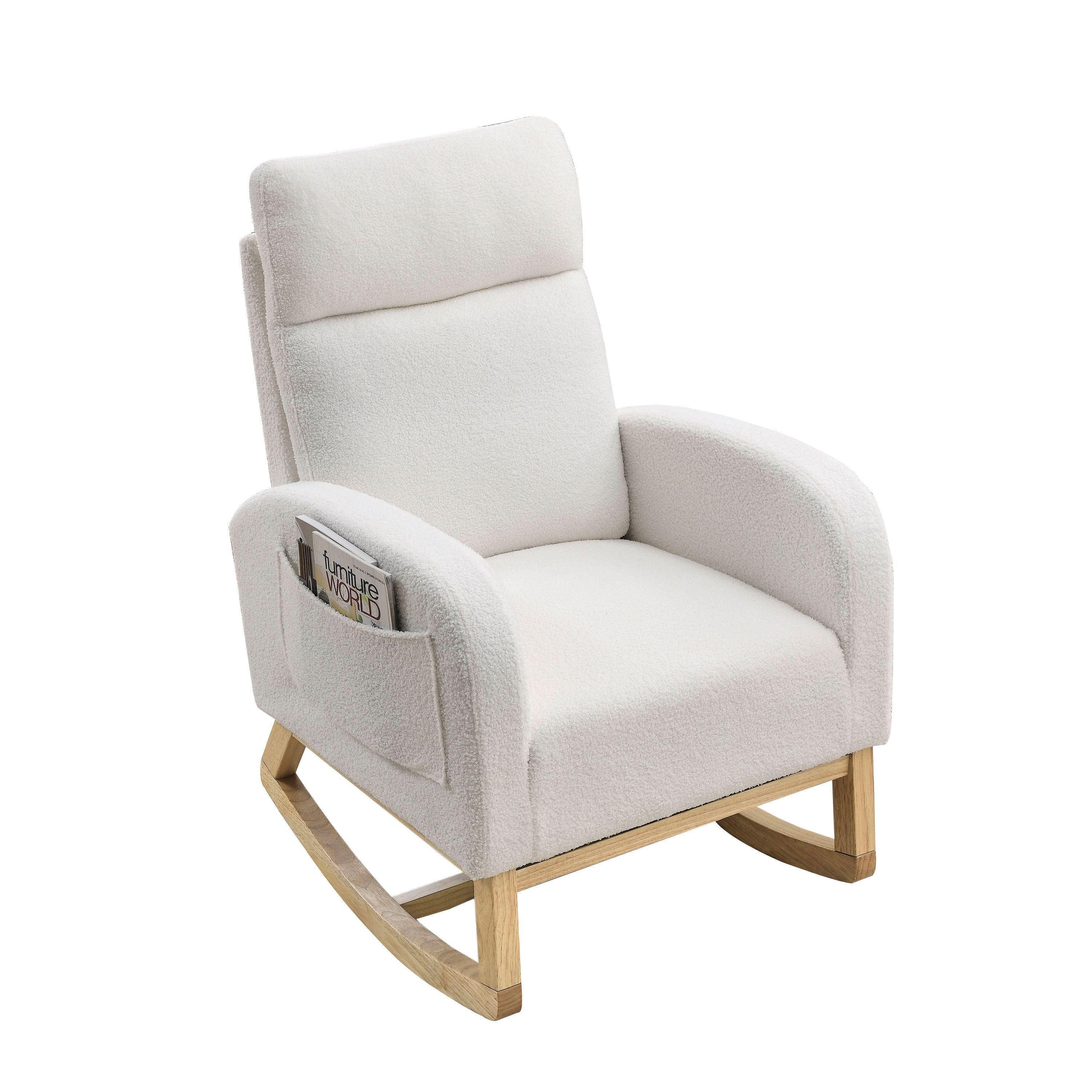 27.6W Modern High Back Accent Rocking Chair with Side Pockets - Teddy White (Ivory) for Living Room, Lounge, Nursery & Reading Nook