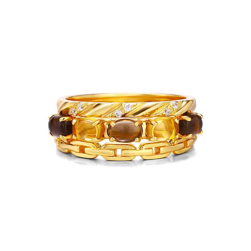 Vintage Citrine Smoky Quartz Stacking Rings Set for Women - Adjustable Bohemian Style Jewelry Gift for Birthday, Anniversary & Everyday Wear | TB1502