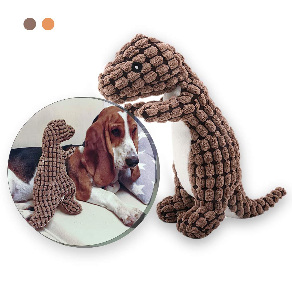Andiker Durable Corduroy Plush Dog Toy with Squeaker - Interactive Dinosaur Stuffed Animal for Small & Large Dogs - Perfect for Chewing, Fetch & Cuddling (Brown)
