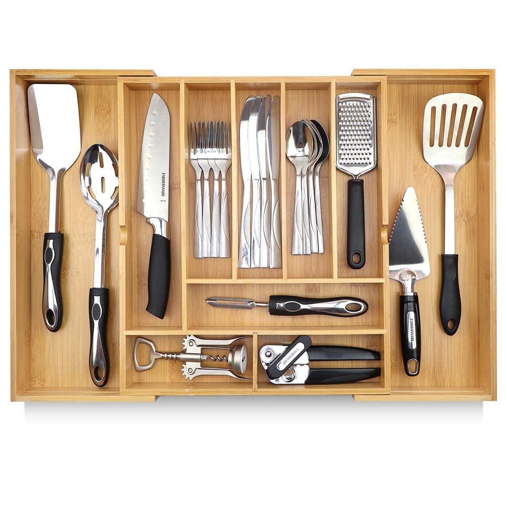 Expandable Silverware Organizer - Adjustable Kitchen Drawer Tray for Utensils & Cutlery (10 Compartments, Extends to 22 Inches) - Perfect for Organizing Spoons, Forks, Knives in Kitchen Drawers