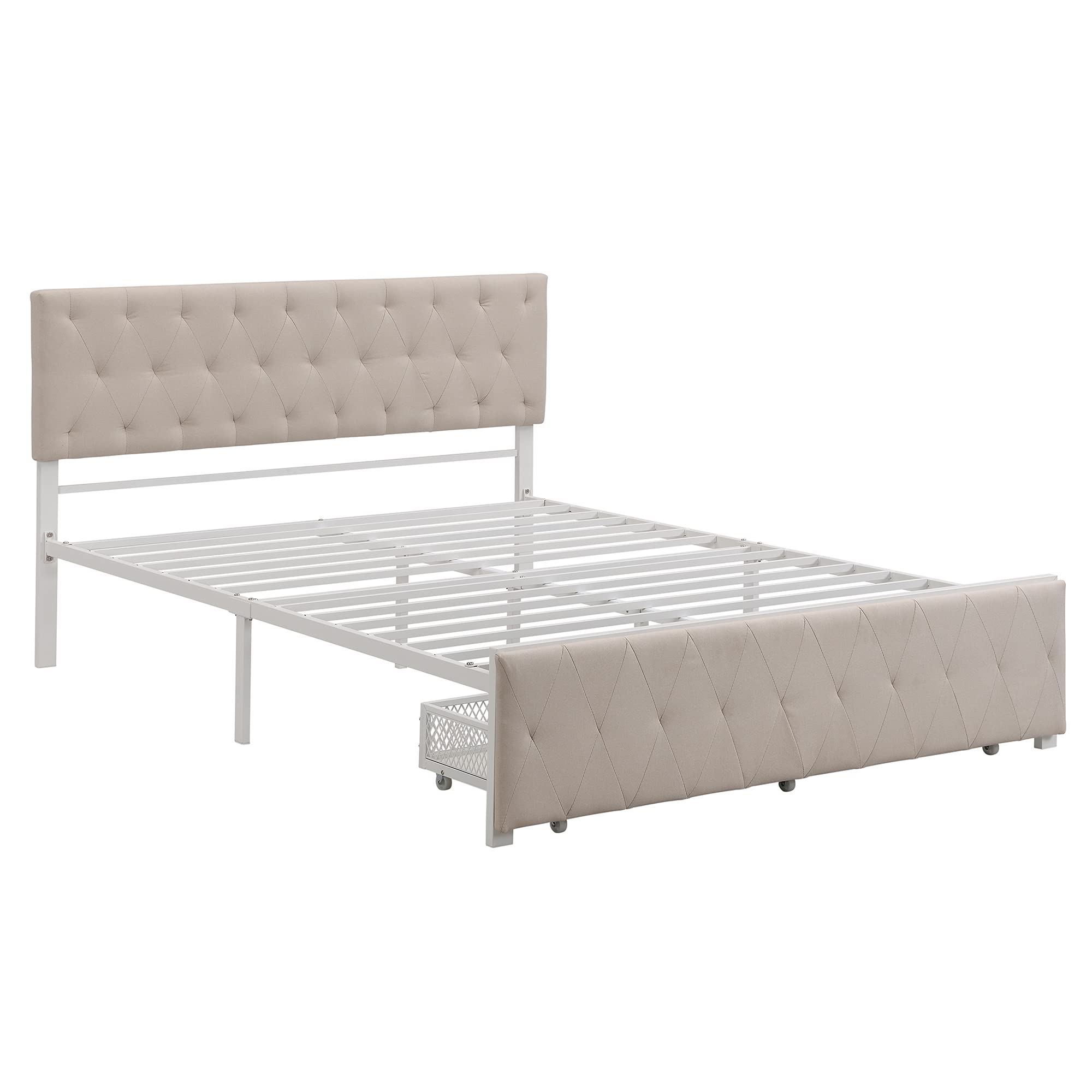 Queen Size Platform Bed Frame with Storage Drawers & Linen Headboard - Upholstered Mattress Foundation with Metal Slats Support, No Box Spring Needed (Beige) | Modern Bedroom Furniture for Small Spaces & Guest Rooms