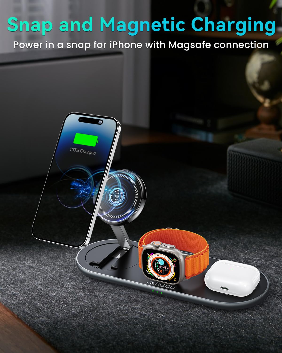 3-in-1 Foldable MagSafe Charging Station for iPhone 16/15/14/13/12, Apple Watch & AirPods 2/3/4/Pro/Pro 2 | Fast Wireless Charger Stand | Compact Design for Home, Office & Travel (Black)