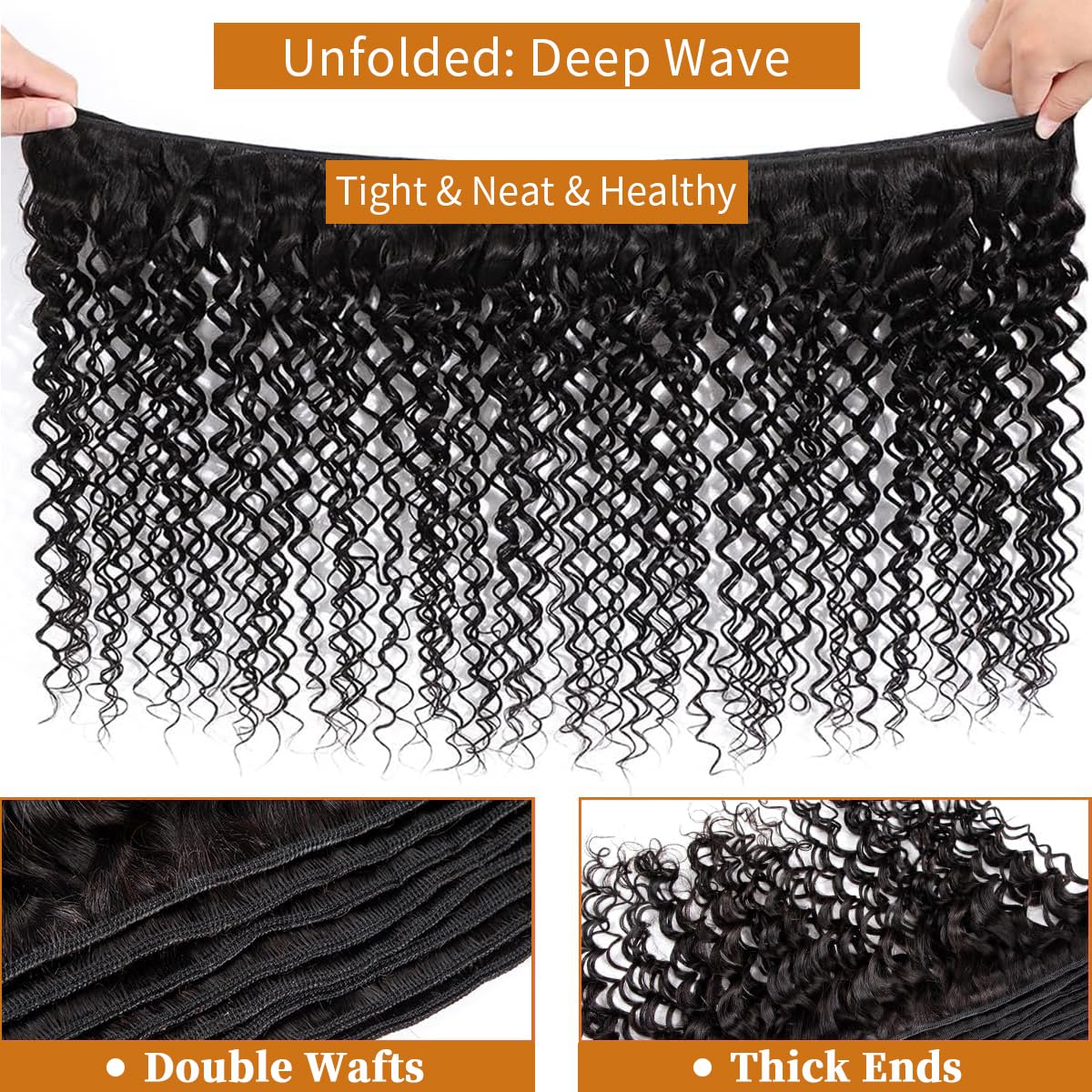 12A Deep Wave Human Hair Bundles 22 24 26 Inch - 100% Unprocessed Virgin Human Hair Extensions for Weaving & Styling - Natural Black Color (300g) - Perfect for Daily Wear, Parties & Special Occasions
