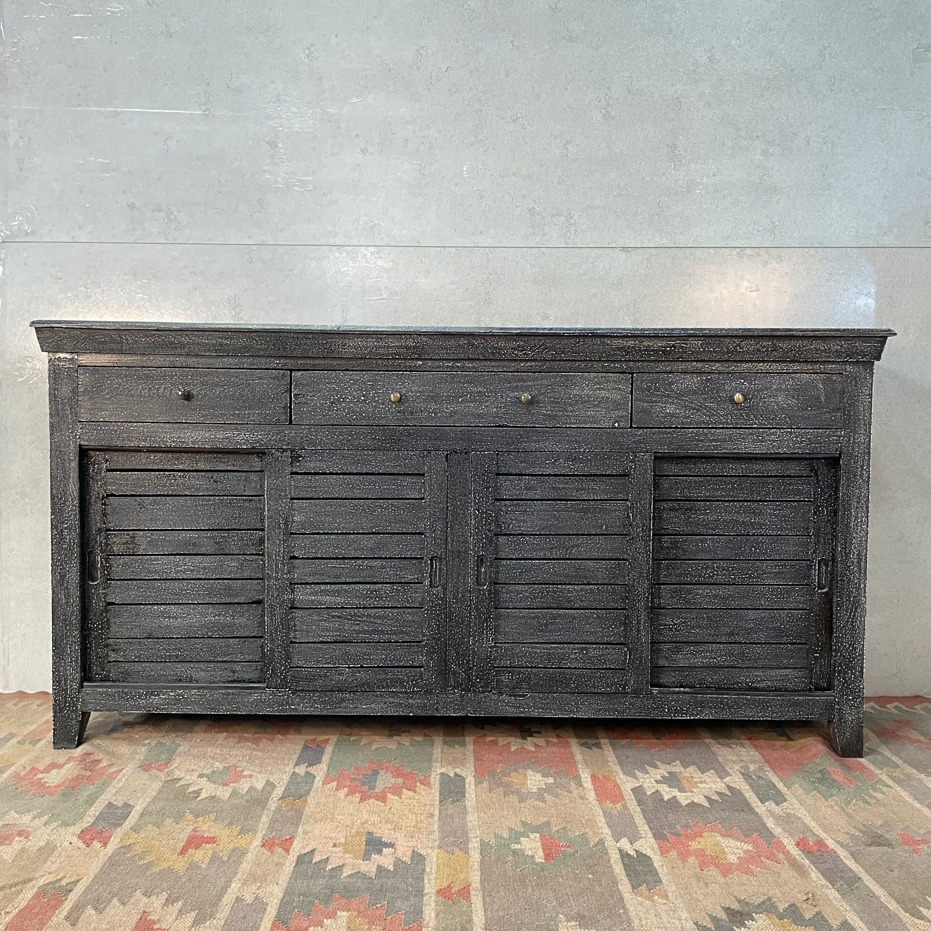 Handmade Carved Indian Furniture - Reclaimed Wood Shutter Doors with 4 Drawers - Black 183x40x90cm - Vintage Home Decor for Living Room, Bedroom & Office