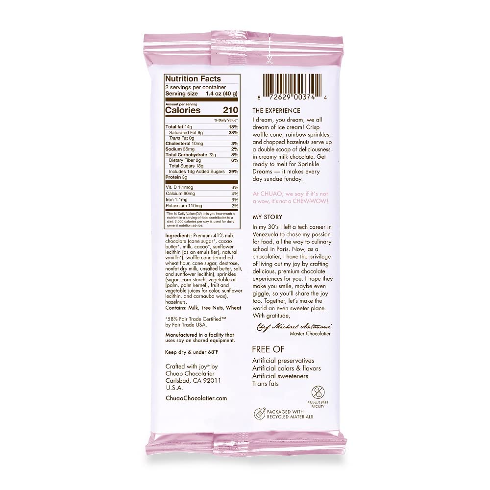 Chuao Chocolatier Sprinkle Dreams Milk Chocolate Bars - Gourmet Waffle Cone No Preservatives - 3 Pack Chocolate Gift Box for Birthdays, Thank You Gifts, Care Packages & Holiday Treats