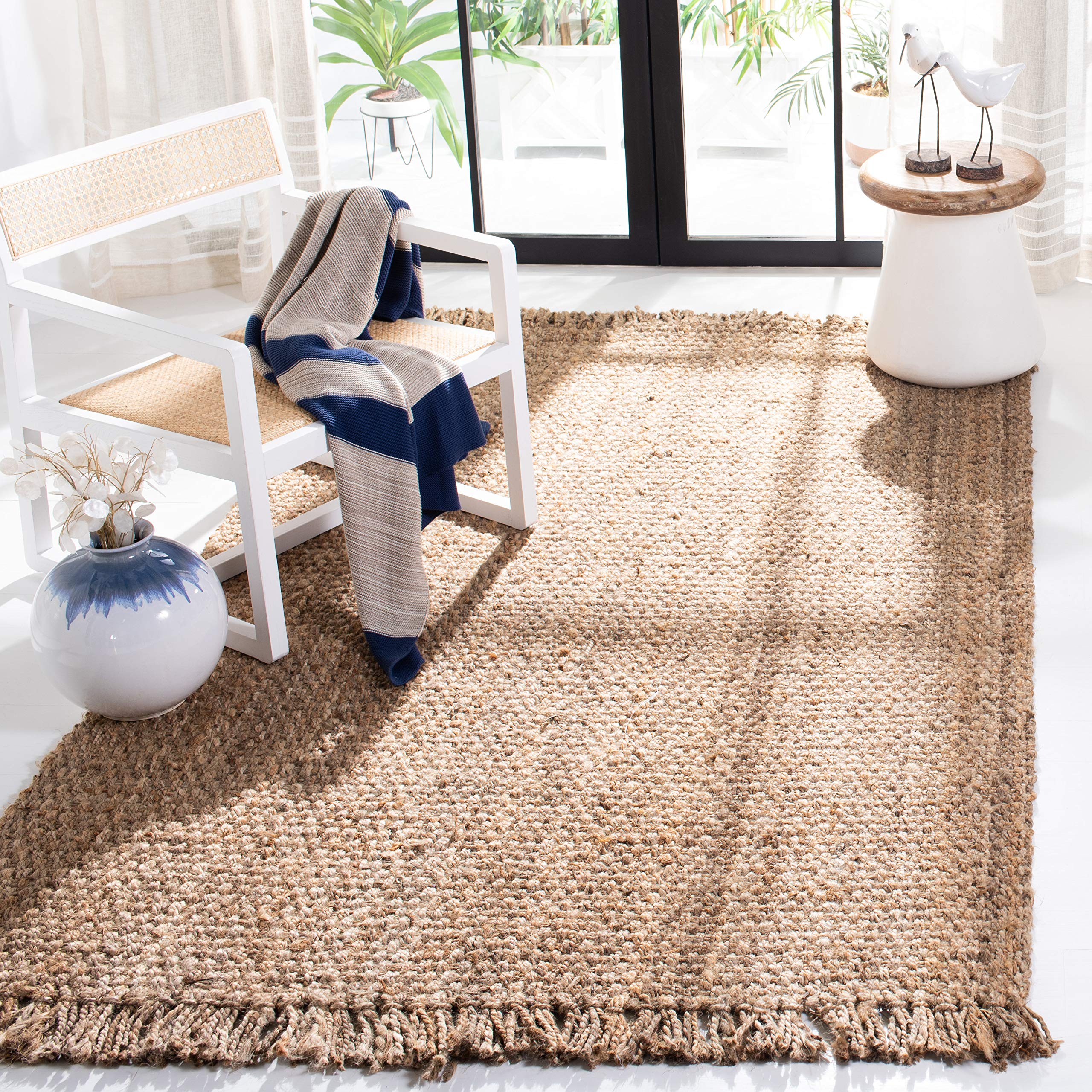 SAFAVIEH Natural Fiber Collection 6'x6' Square Handmade Jute Area Rug with Tassels - Premium Natural NF467A for Boho Living Room, Bedroom & Home Decor