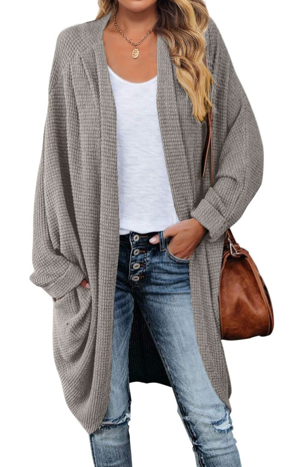 MEROKEETY Women's 2025 Fall Waffle Knit Batwing Long Sleeve Cardigan - Loose Open Front Sweater Coat for Casual Outfits & Layering in Cool Weather