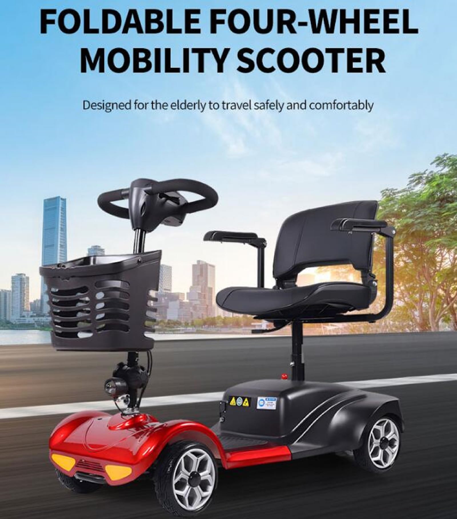 4 Wheel Folding Mobility Scooter for Adults & Seniors - 400 lb Weight Capacity, Long Range Power Battery, Travel Electric Scooter with Basket - Ideal for Shopping, Travel & Outdoor Activities (Red)