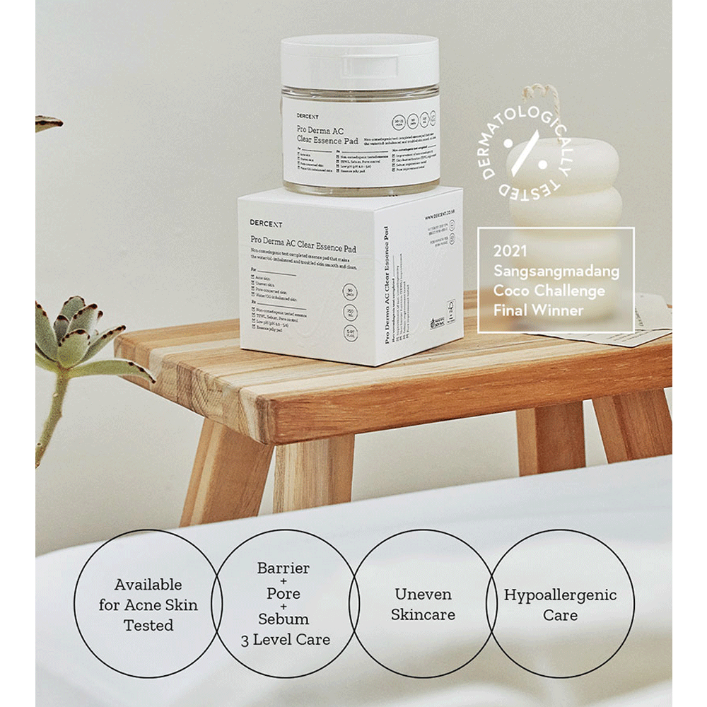 DERCENT PRO DERMA AC Clear Essence Pad 150ml - Acne Treatment & Exfoliating Facial Pads for Clear Skin | Daily Skincare Routine, Oily & Combination Skin Care