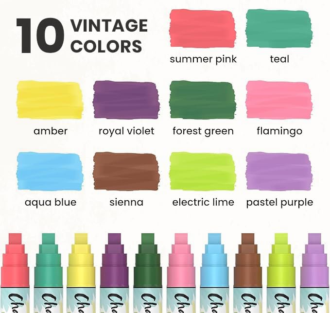 Chalkola 10mm Car Window Markers - 10 Vintage Color Liquid Chalk Pens with Wide Tip - Washable & Wet Erasable for Blackboard, Glass, Bistro, Auto Windows - Perfect for Car Decor, Restaurant Signs & Classroom Teaching