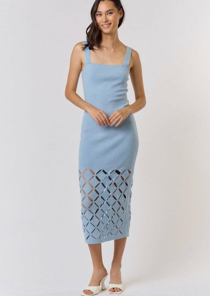 Sky Blue Square Neck Cut Out Detail Sweater Midi Dress - Elegant Casual Wear for Fall & Winter, Perfect for Office, Date Night & Holiday Parties