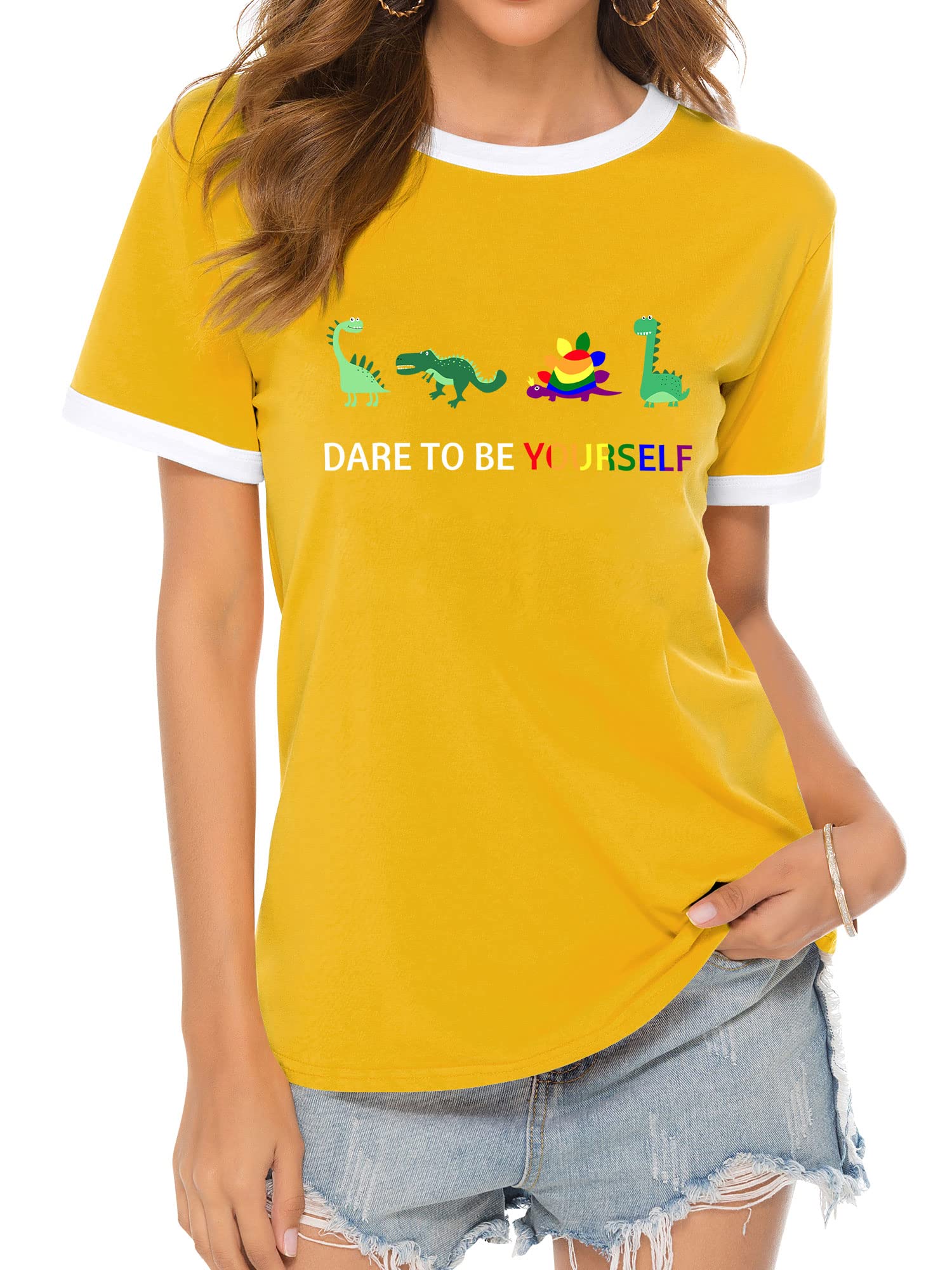 **Cute Dinosaur T-Shirts for Women - Funny Colorful Cartoon Dino Graphic Tee - Crew Neck Casual Shirt Tops for Everyday Wear & Fun Outfits**